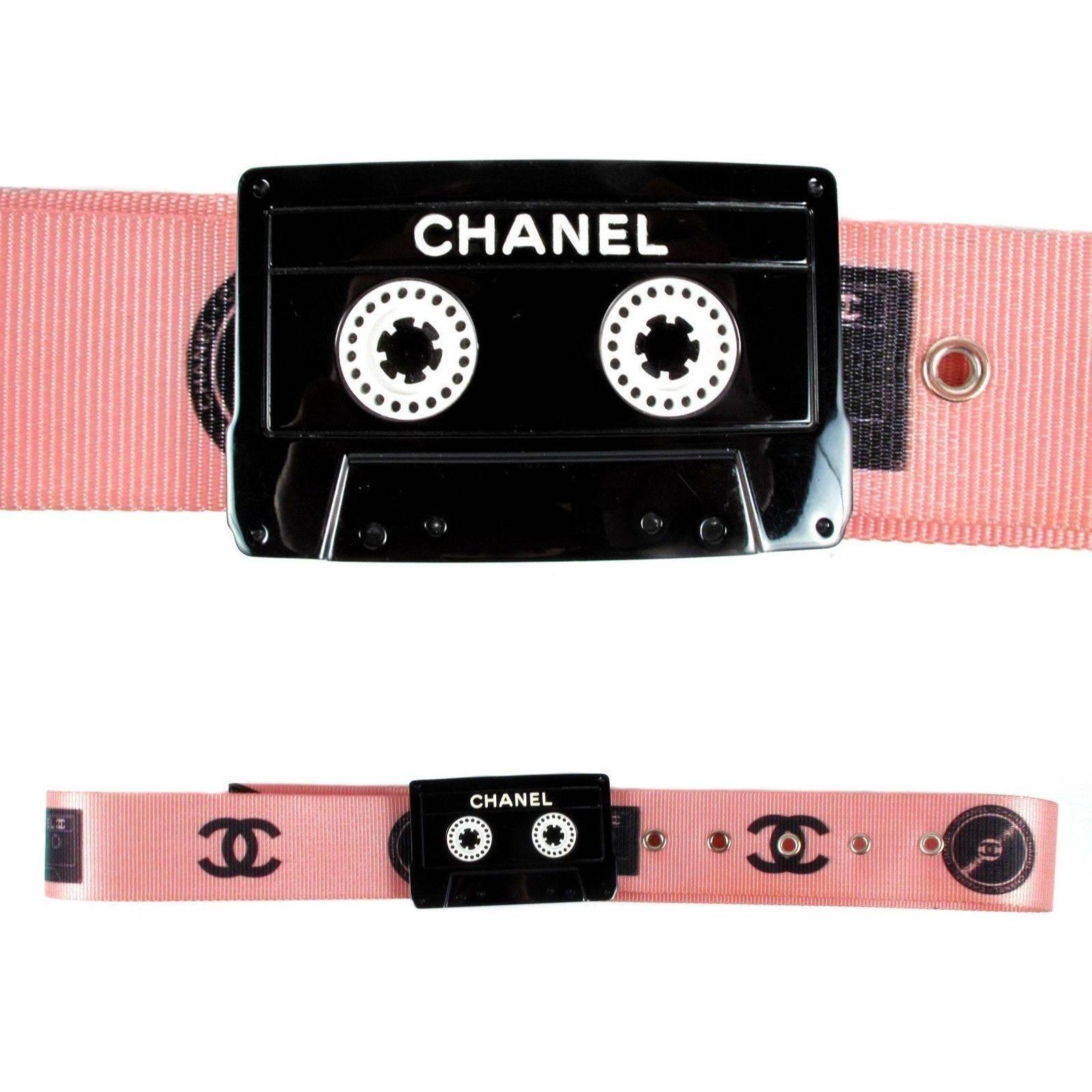 Chanel - Cassette Tape Belt

extremely rare collectors item.

this belt recently sold online for $3000.00

this will match your chanel cassette clutch which sells for $10,000 - 15,000

Color: Pink

Material: Fabric 

Tag Size: 80 / 32