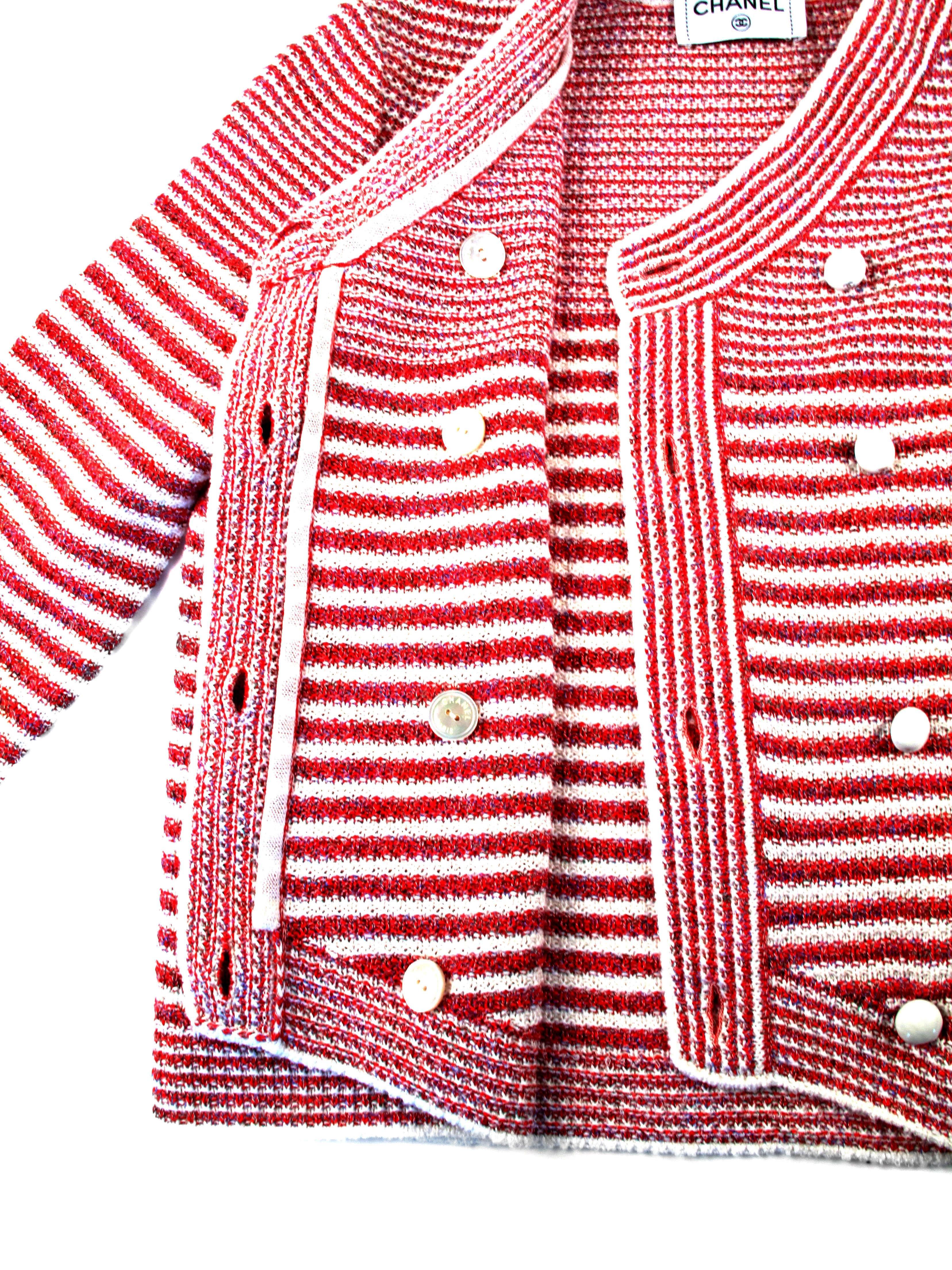 Chanel 2014 Pearl Jacket Cardigan - US 10 / 12 - 44 - Striped Red White Coat CC 1
