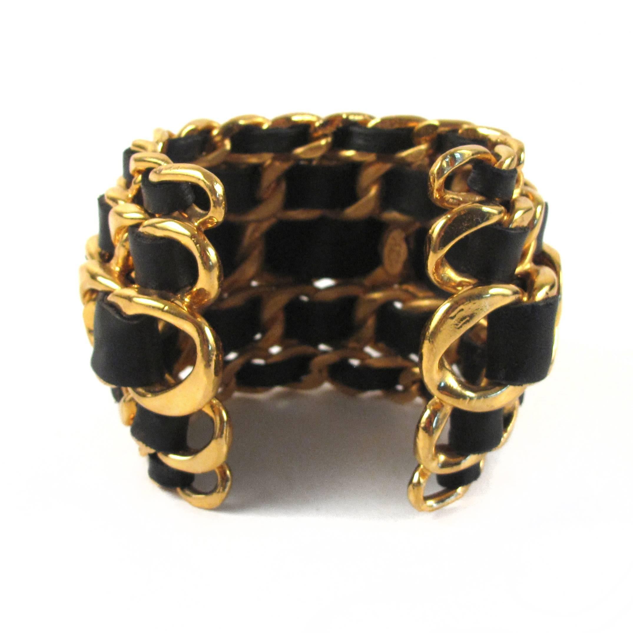 Chanel Cuff - XL Wide Chain Bracelet Vintage Black Gold Leather Bangle CC Charm In Good Condition In Prahran, Victoria