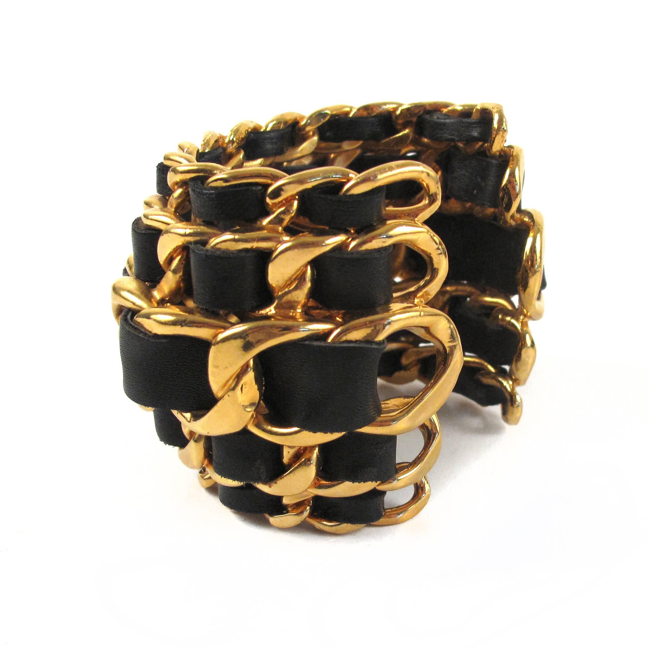 Women's Chanel Cuff - XL Wide Chain Bracelet Vintage Black Gold Leather Bangle CC Charm