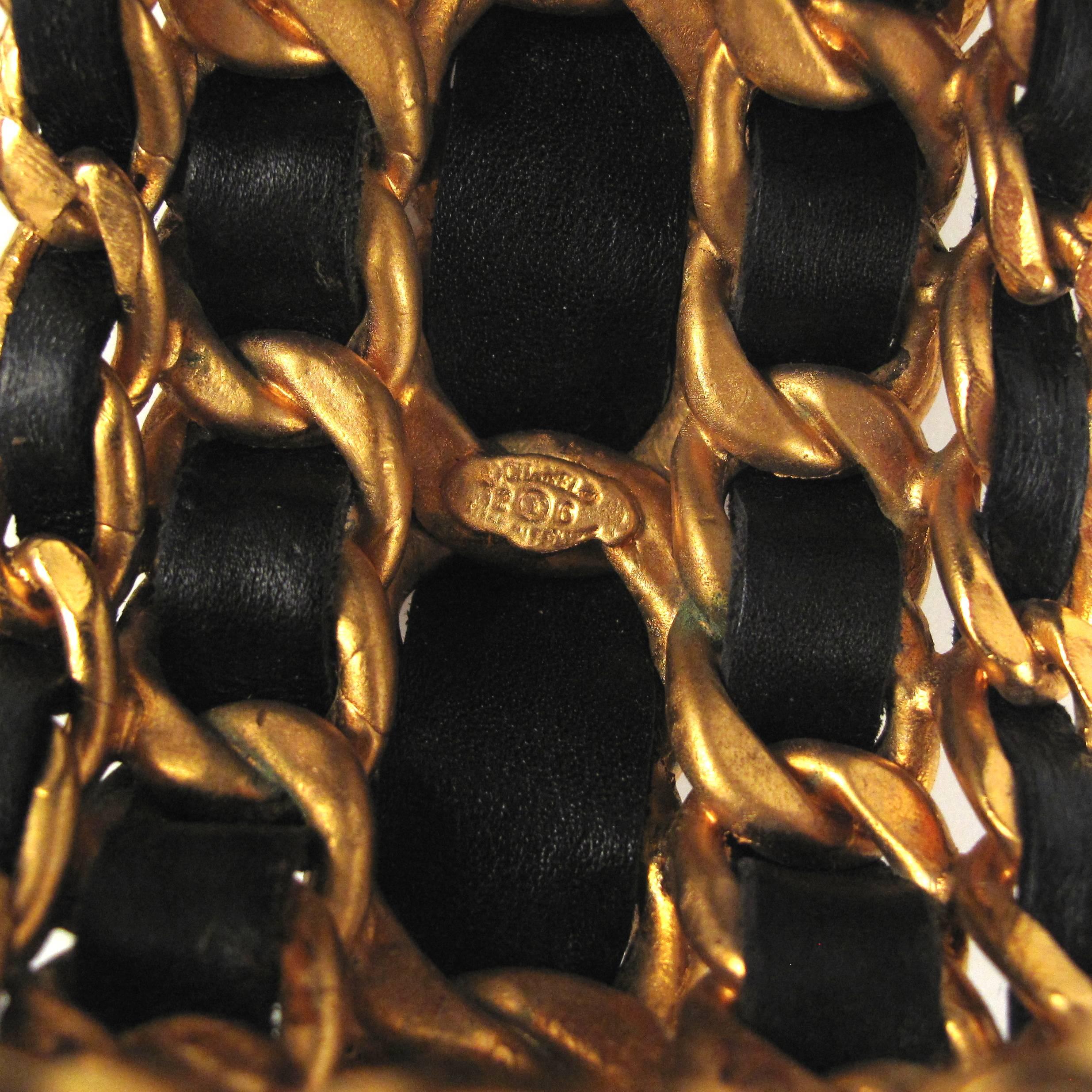 Chanel Cuff - XL Wide Chain Bracelet Vintage Black Gold Leather Bangle CC Charm 1