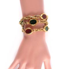Chanel New Bracelet Gripoix Glass Vintage Gold Multistrand Green Red Chain Charm