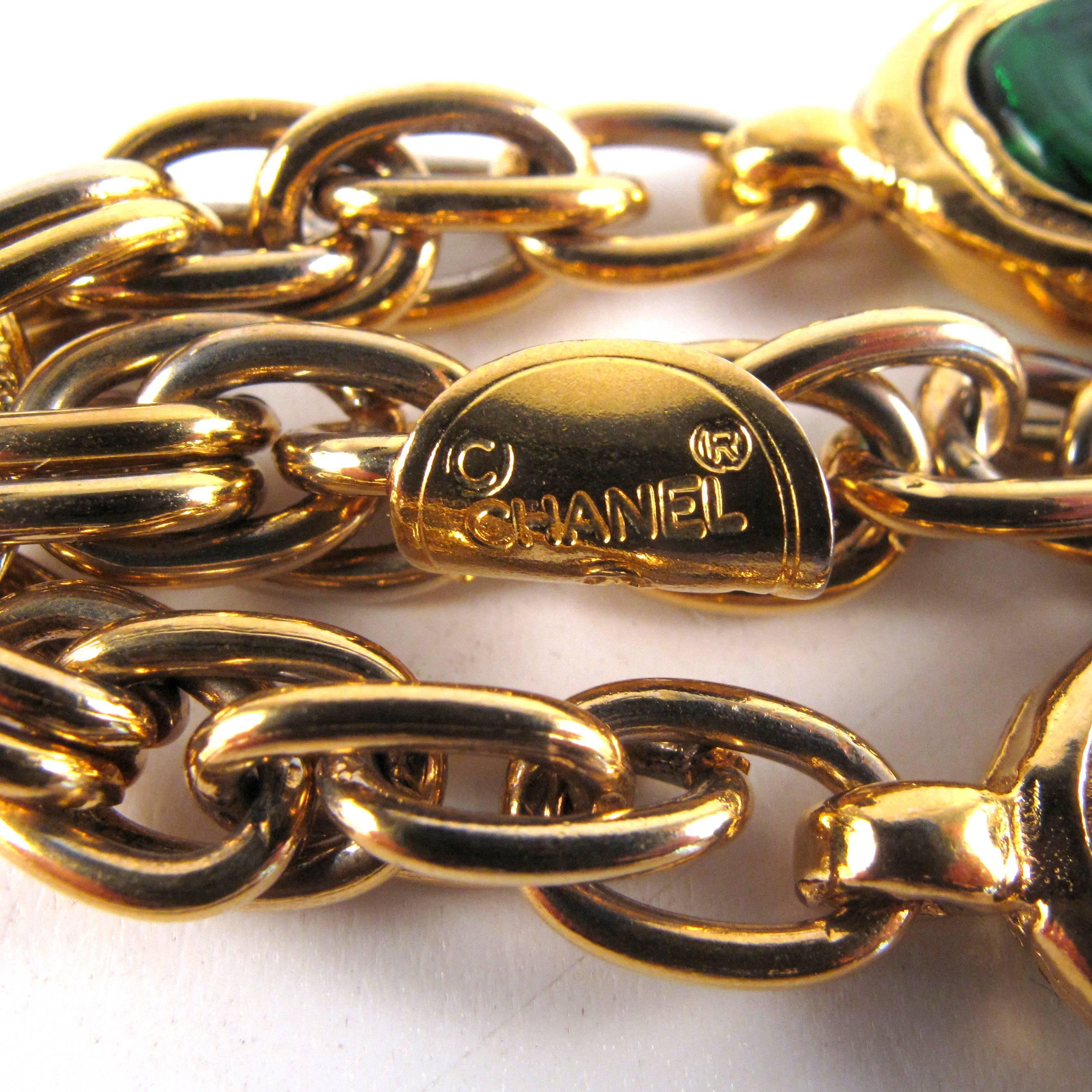 Chanel New Bracelet Gripoix Glass Vintage Gold Multistrand Green Red Chain Charm 1