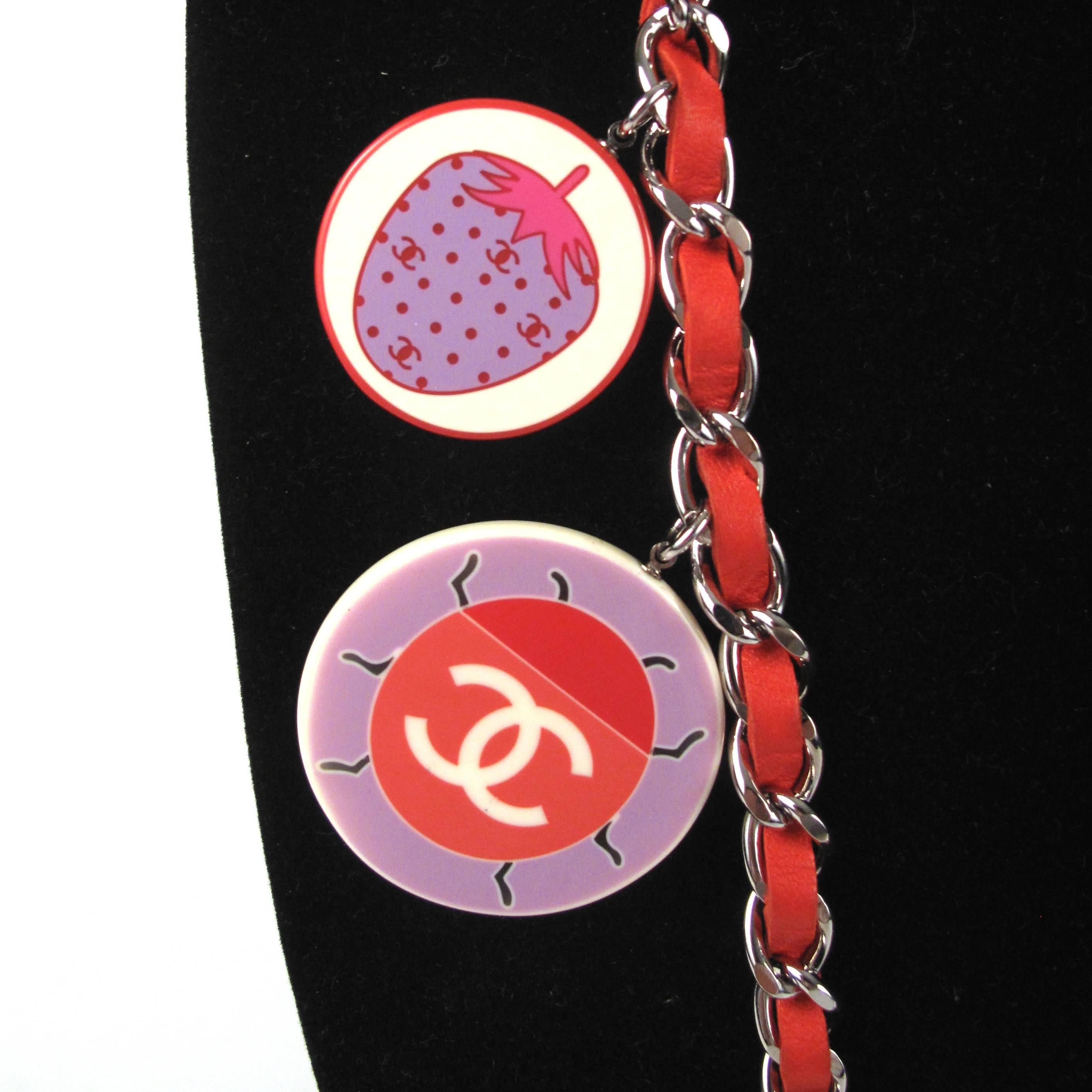 Chanel Ladybug Necklace - New - CC Logo Charms Red Leather Chain Silver Belt 04C In Excellent Condition For Sale In Prahran, Victoria