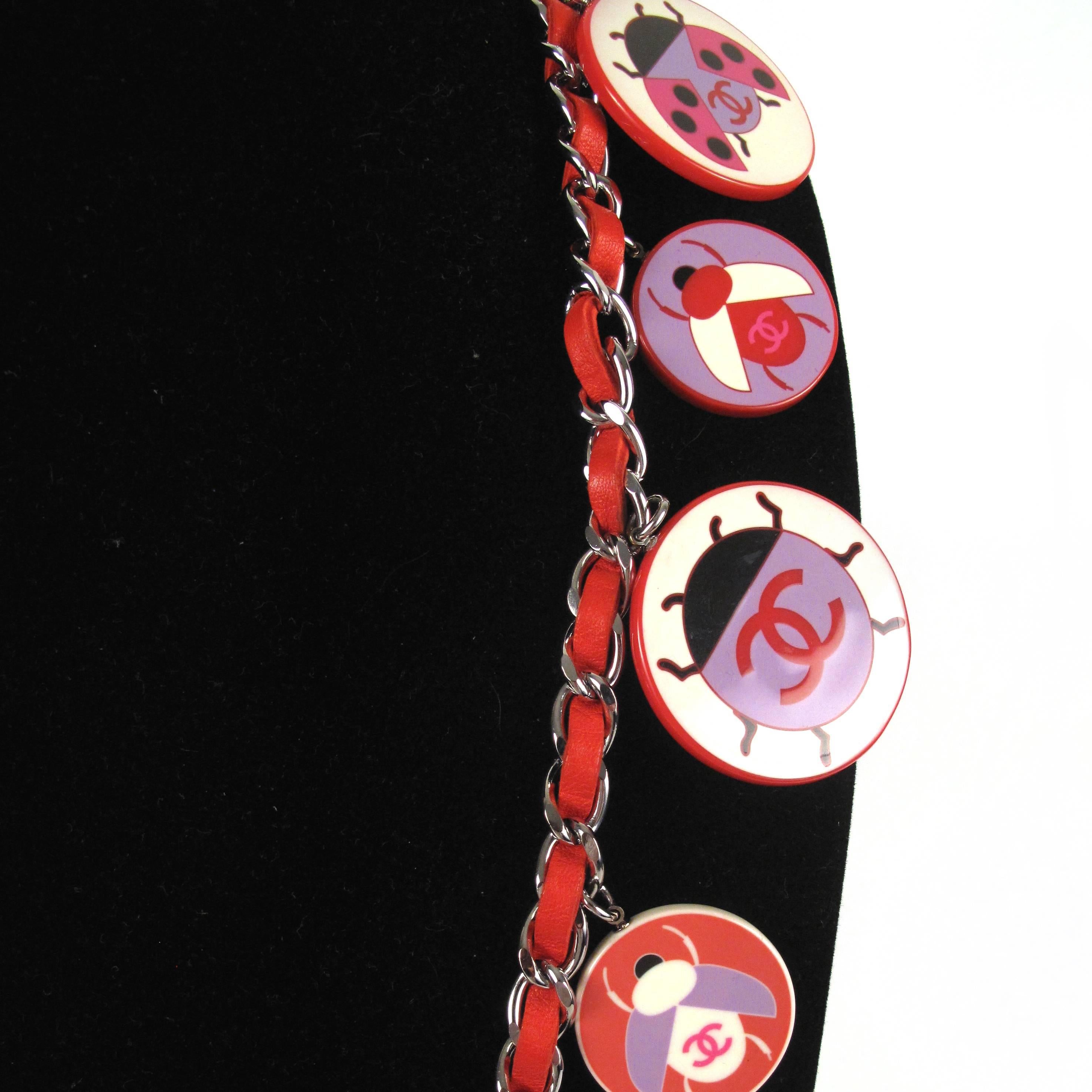 Women's Chanel Ladybug Necklace - New - CC Logo Charms Red Leather Chain Silver Belt 04C For Sale