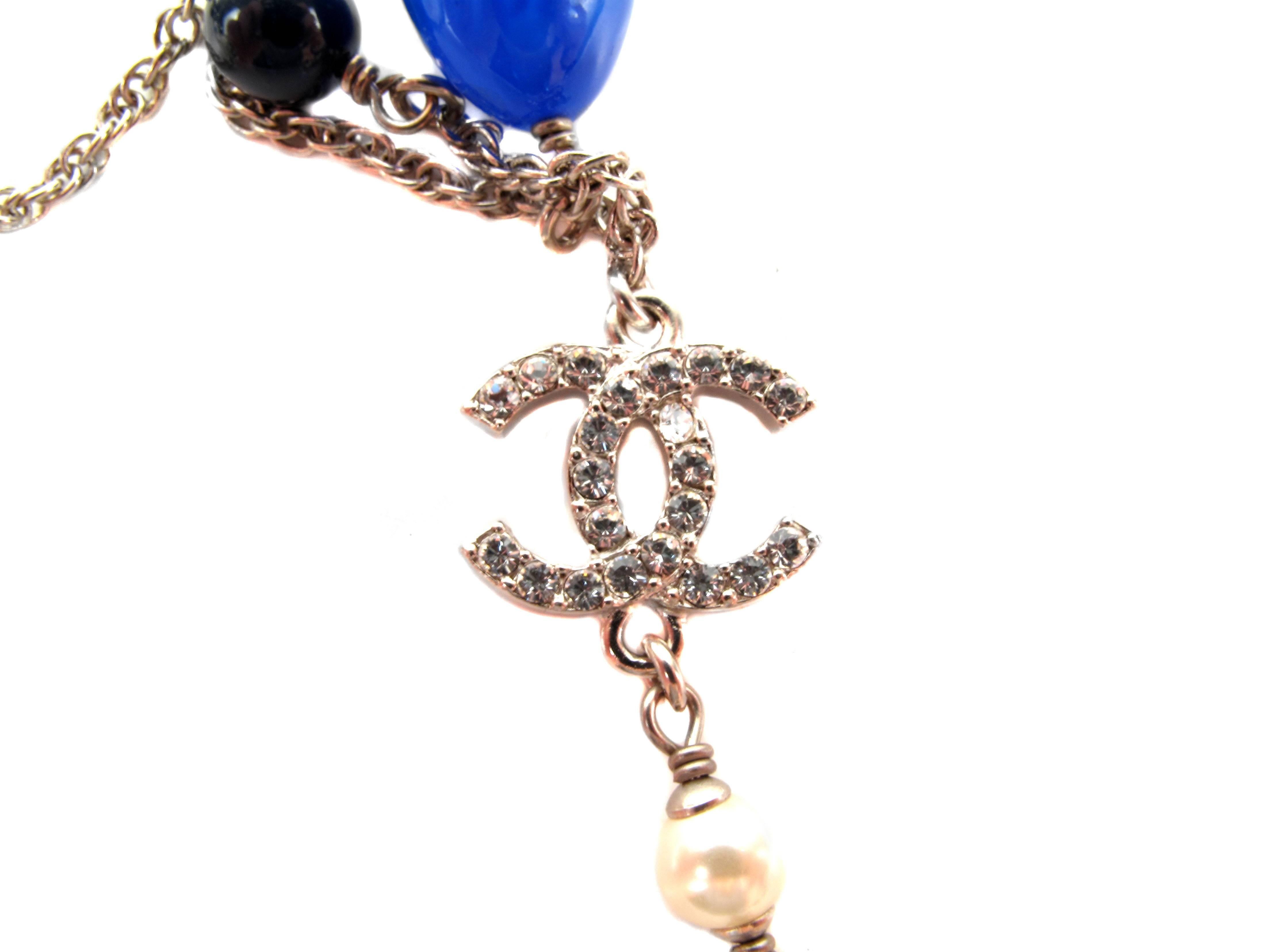 Chanel Pearl Necklace - Crystal CC Logo Blue Black Beads Silver Rhinestone Charm 1