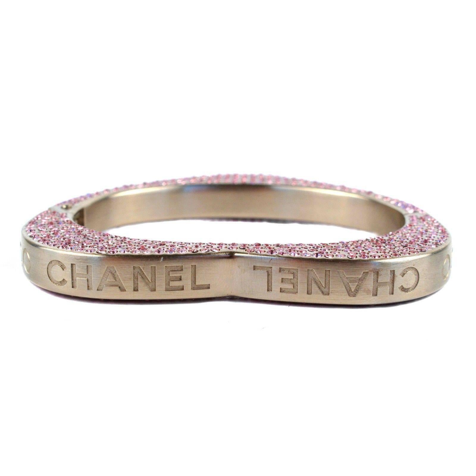 Chanel Bracelet - Pink Crystal Heart Rhinestone Gold Cuff Coco Logo CC Bangle 08 In Good Condition In Prahran, Victoria