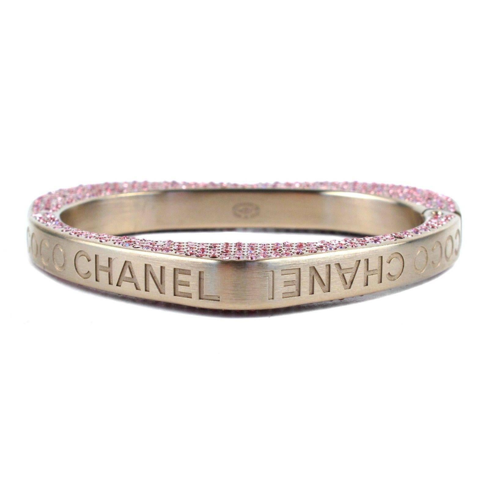 Women's Chanel Bracelet - Pink Crystal Heart Rhinestone Gold Cuff Coco Logo CC Bangle 08