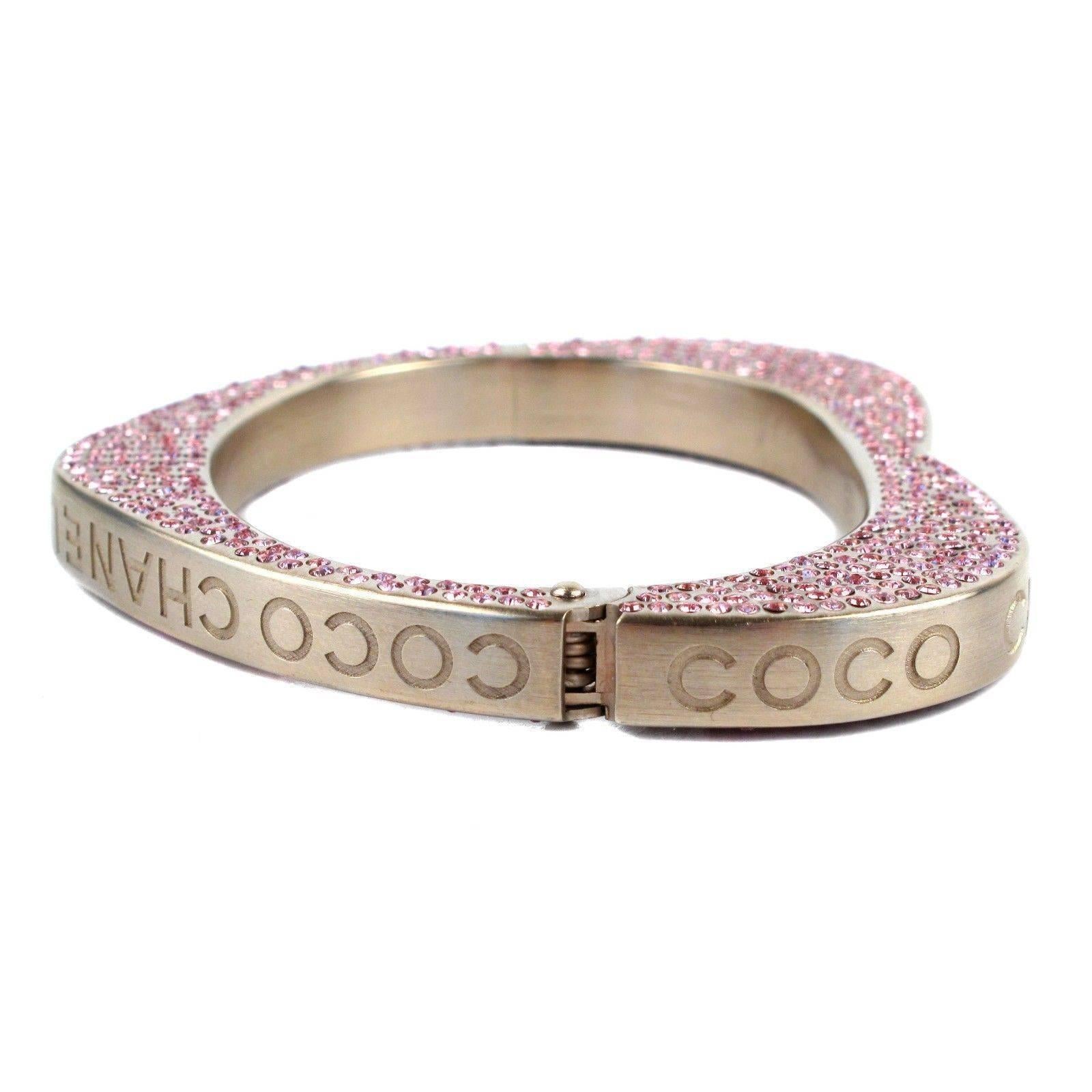 Chanel Bracelet - Pink Crystal Heart Rhinestone Gold Cuff Coco Logo CC Bangle 08 1