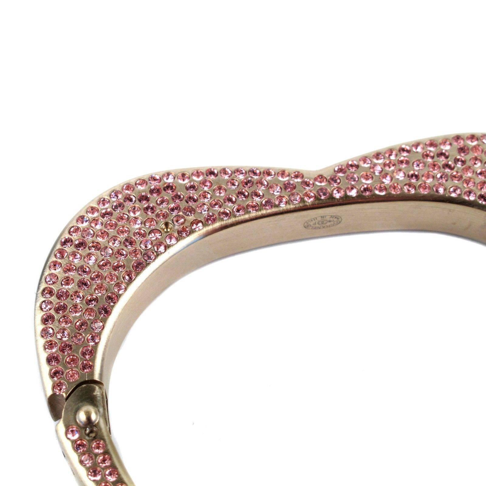 Chanel Bracelet - Pink Crystal Heart Rhinestone Gold Cuff Coco Logo CC Bangle 08 2