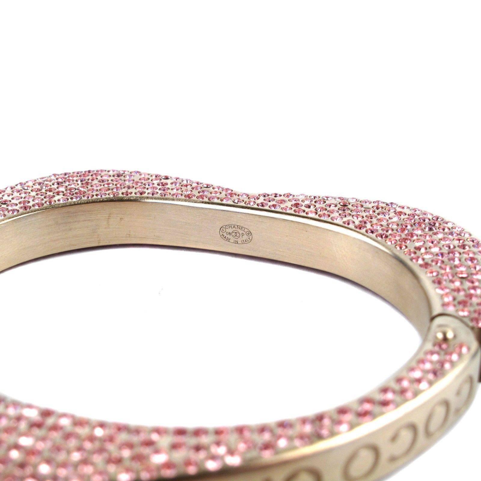 Chanel Bracelet - Pink Crystal Heart Rhinestone Gold Cuff Coco Logo CC Bangle 08 3