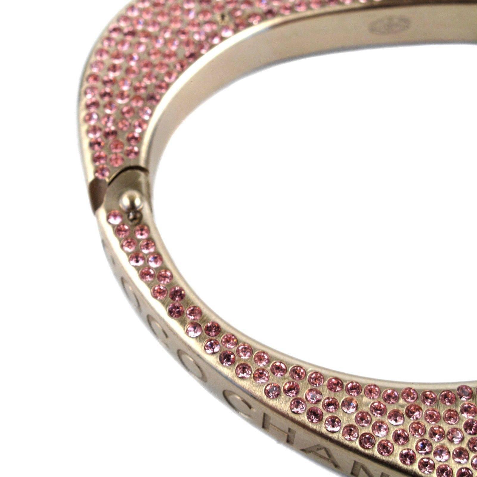 Chanel Bracelet - Pink Crystal Heart Rhinestone Gold Cuff Coco Logo CC Bangle 08 4