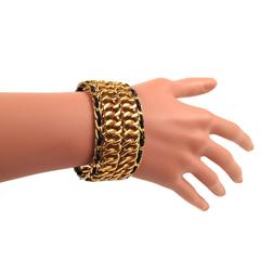 Chanel Vintage Bracelet Gold Chain Cuff Black Leather Rare Wide Bangle CC Charm