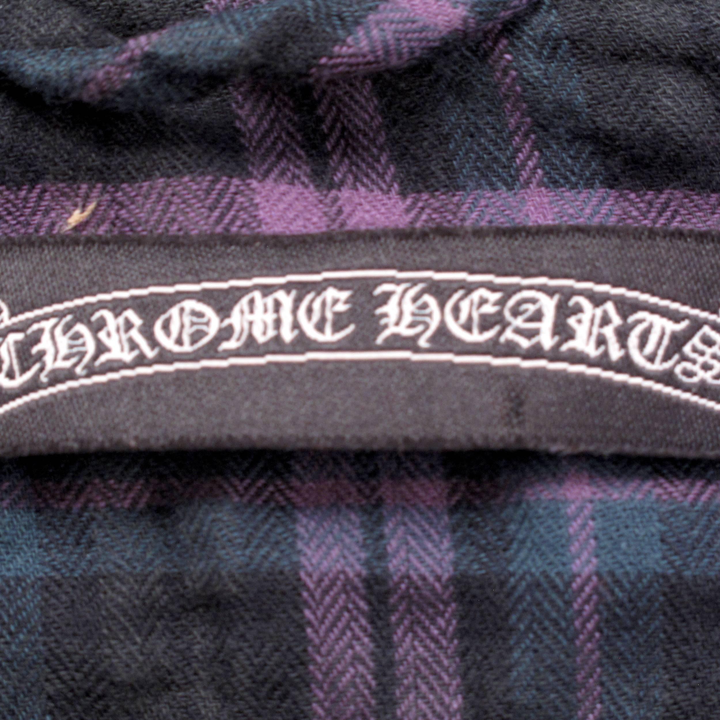 Chrome Hearts Shirt w/ Sterling Silver Buttons Leather Cross Purple Plaid Small In Good Condition In Prahran, Victoria
