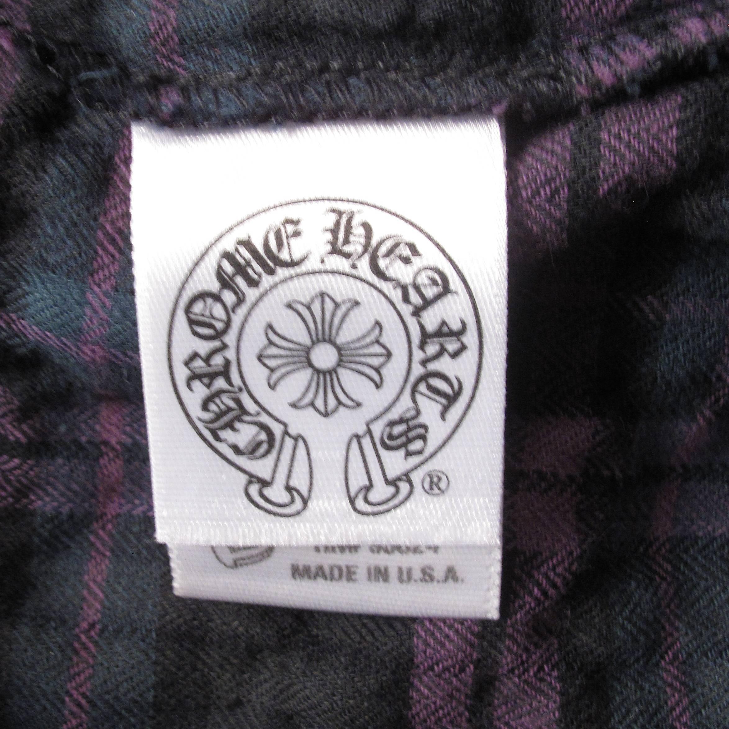 Women's Chrome Hearts Shirt w/ Sterling Silver Buttons Leather Cross Purple Plaid Small