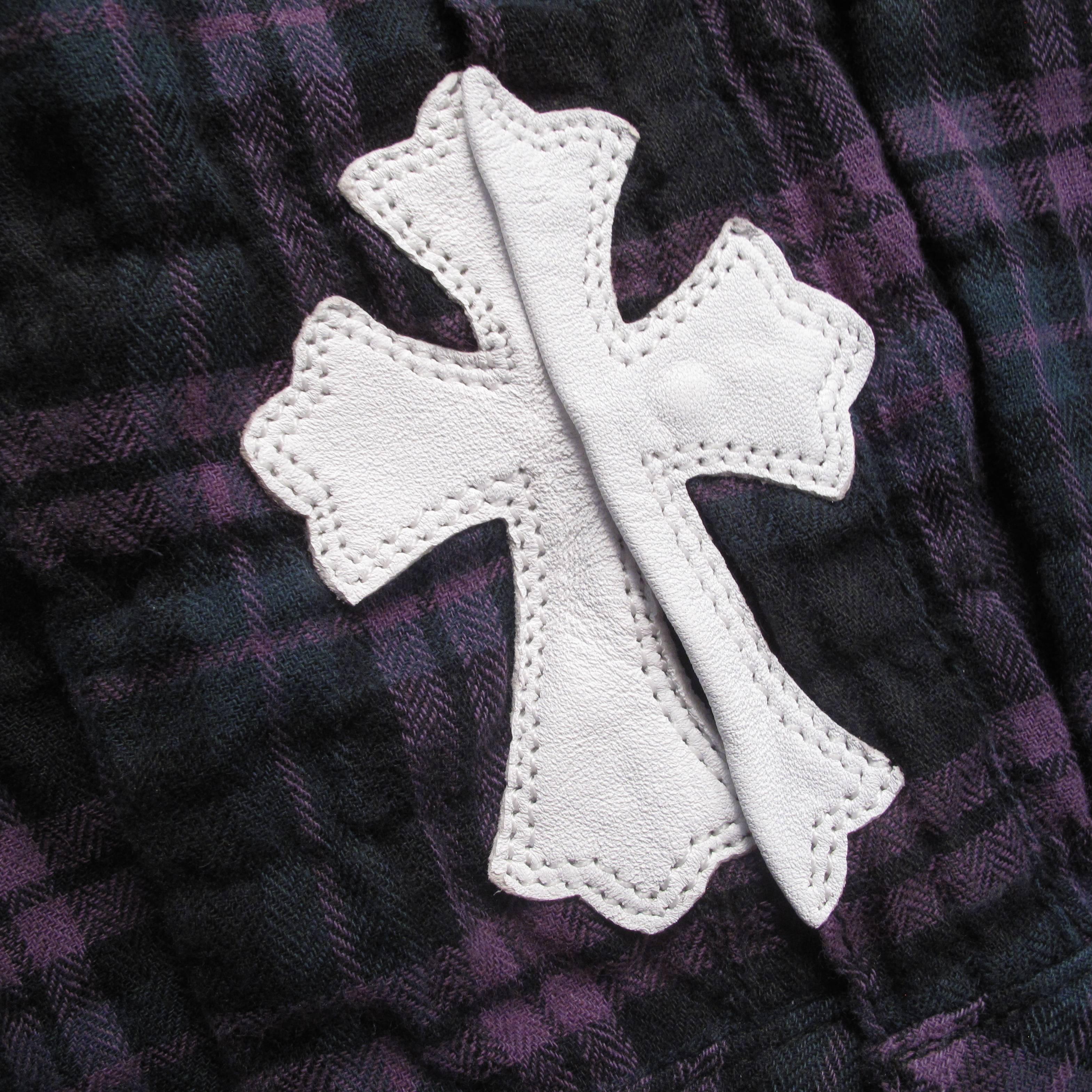 Black Chrome Hearts Shirt w/ Sterling Silver Buttons Leather Cross Purple Plaid Small