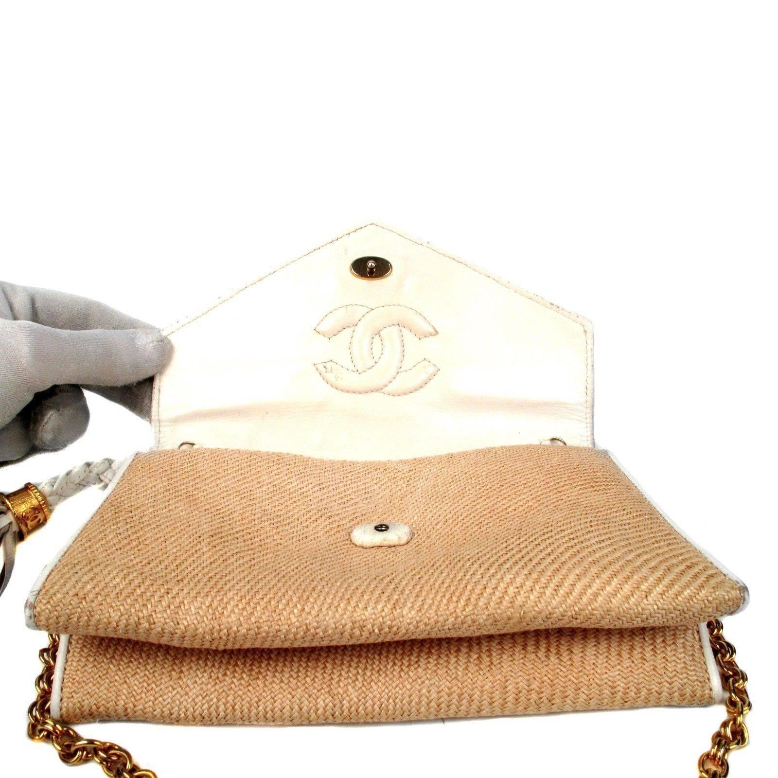 Chanel Straw Flap Bag Vintage Tan Tweed Leather WOC Wallet Chain Handbag Basket 1
