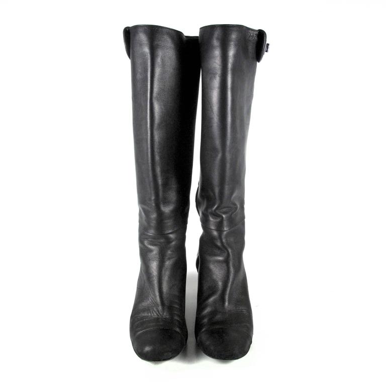 Chanel Boots 6.5 7 36.5 37 Black Quilted Leather Knee High Turn Lock ...