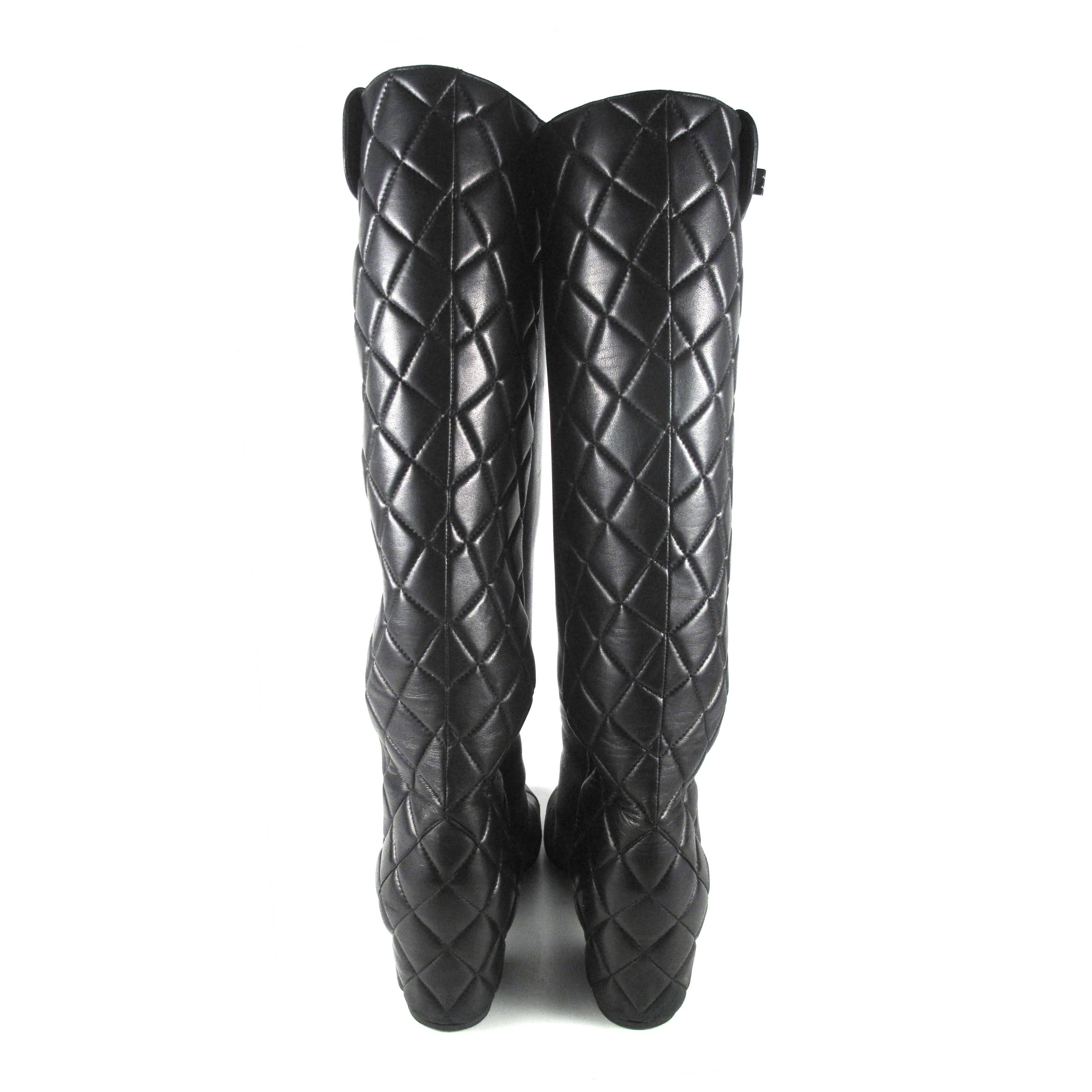 Women's Chanel Boots 6.5 7 36.5 37 Black Quilted Leather Knee High Turn Lock Silver CC