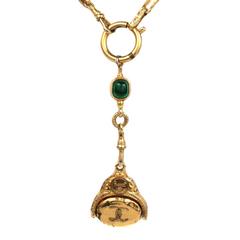 Chanel Necklace Vintage Gripoix Green Glass Pendant Stone Bead Charm Gold Chain