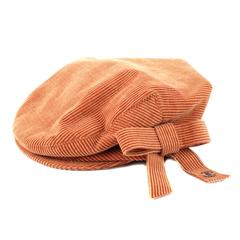 Chanel Newsboy Hat - Large - Orange Tan Velvet Corduroy Silver CC Logo Bow Cap
