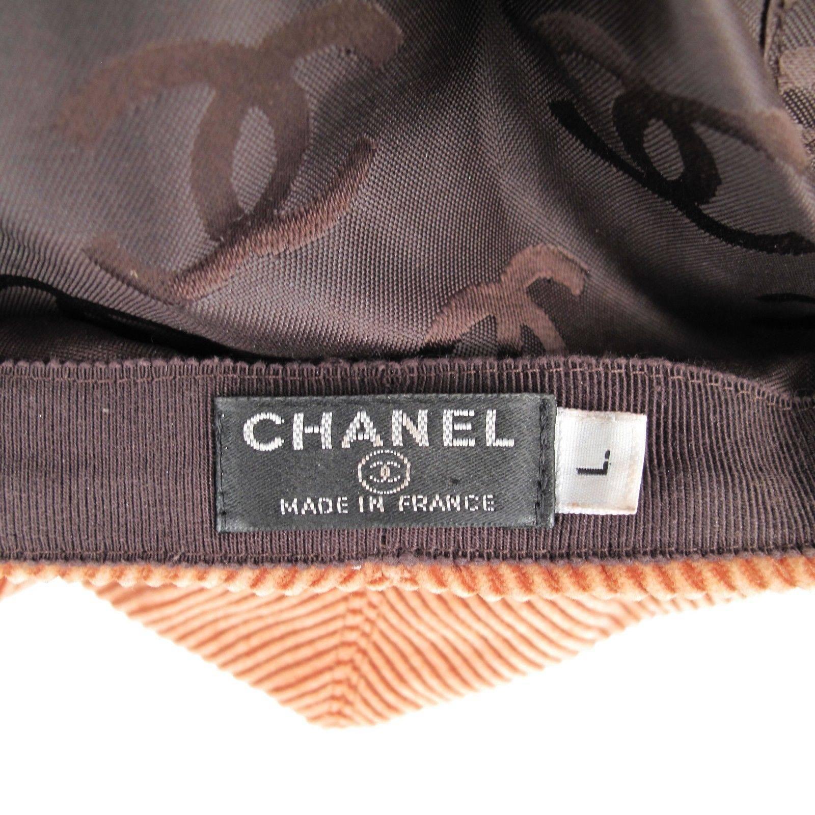 Women's Chanel Newsboy Hat - Large - Orange Tan Velvet Corduroy Silver CC Logo Bow Cap