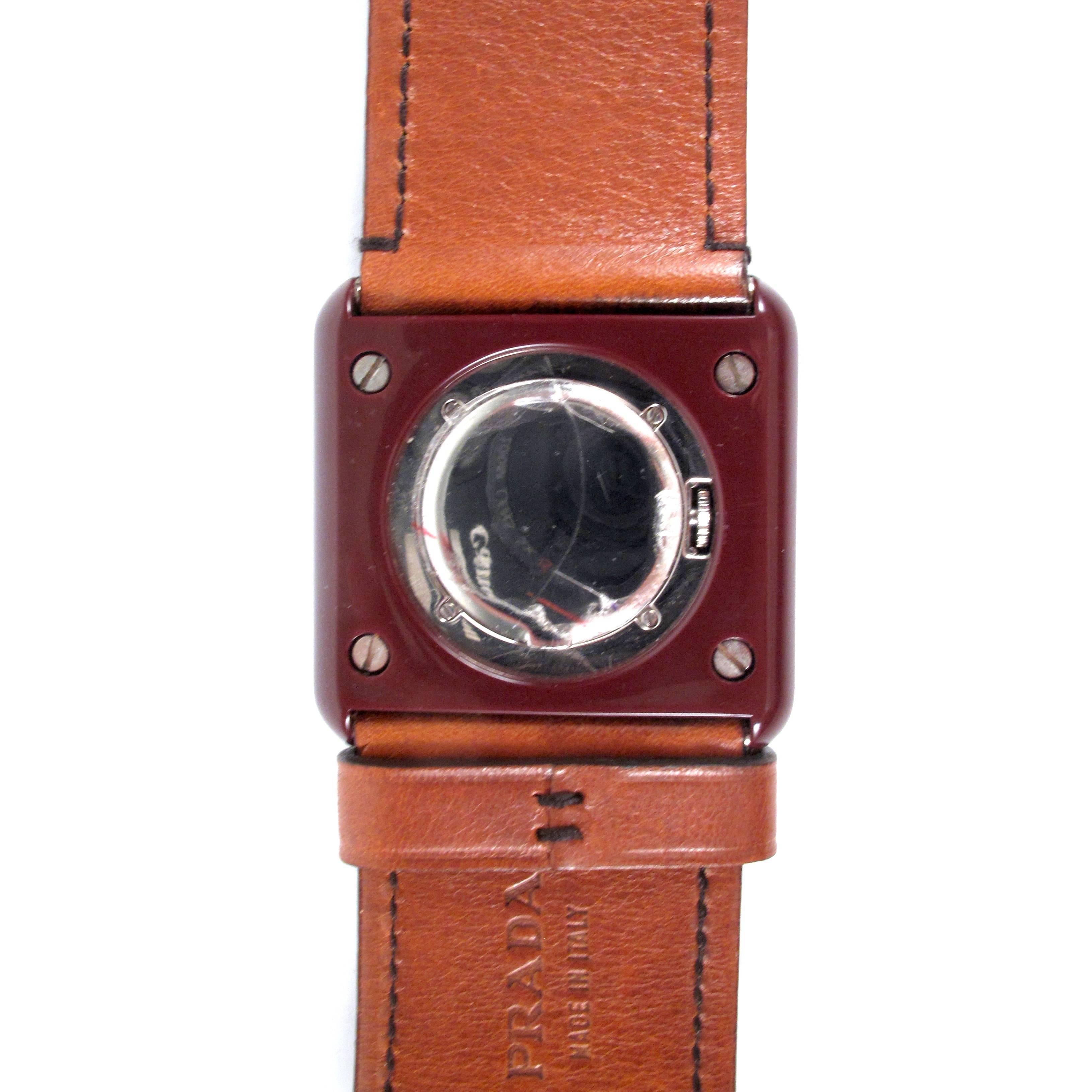 Prada Watch - Bracelet Maroon Black Brown Leather Band Resin Stainless Steel In Good Condition In Prahran, Victoria
