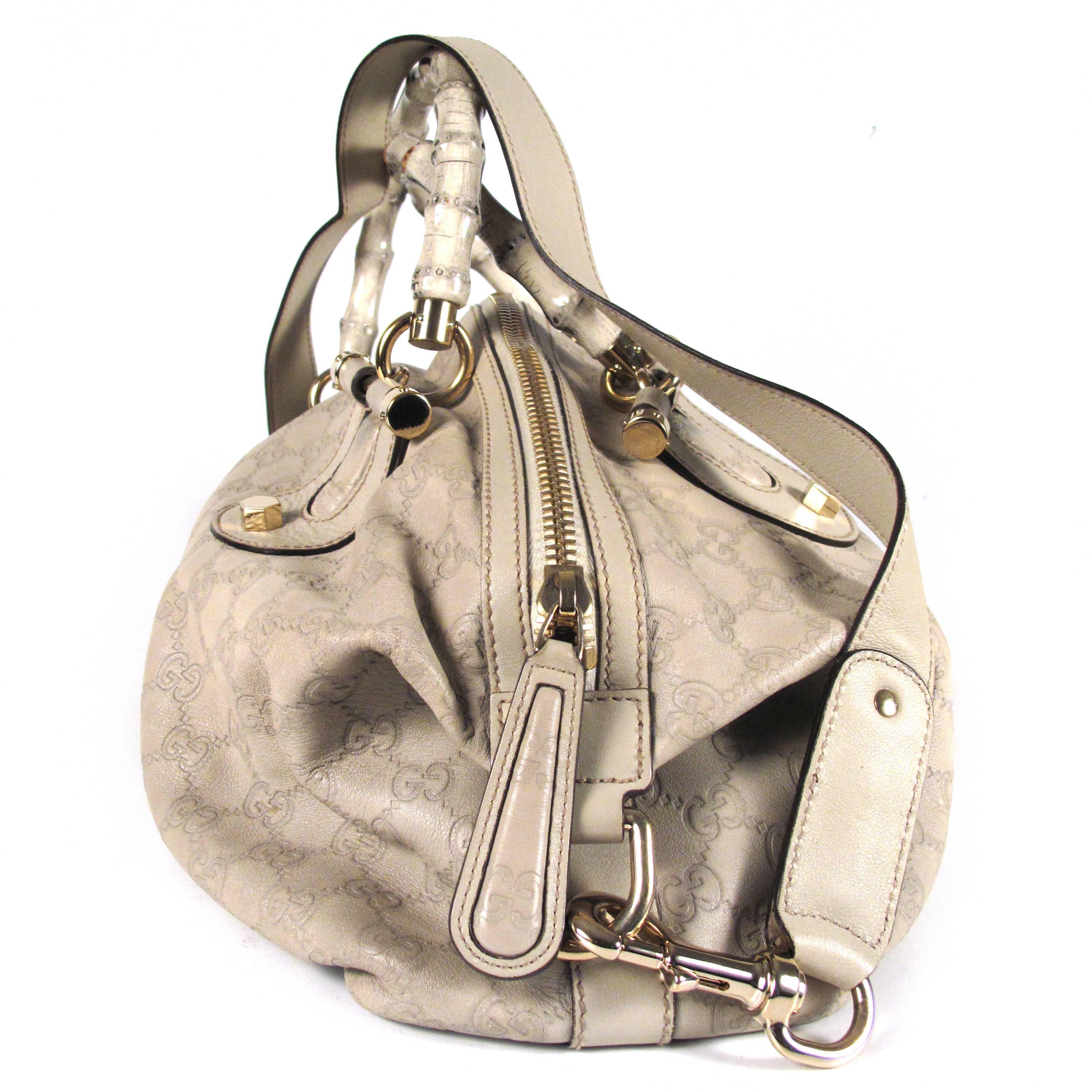 Gray Gucci Bamboo Leather Monogram Shoulder Bag - Tan Beige GG Gold Satchel Handbag
