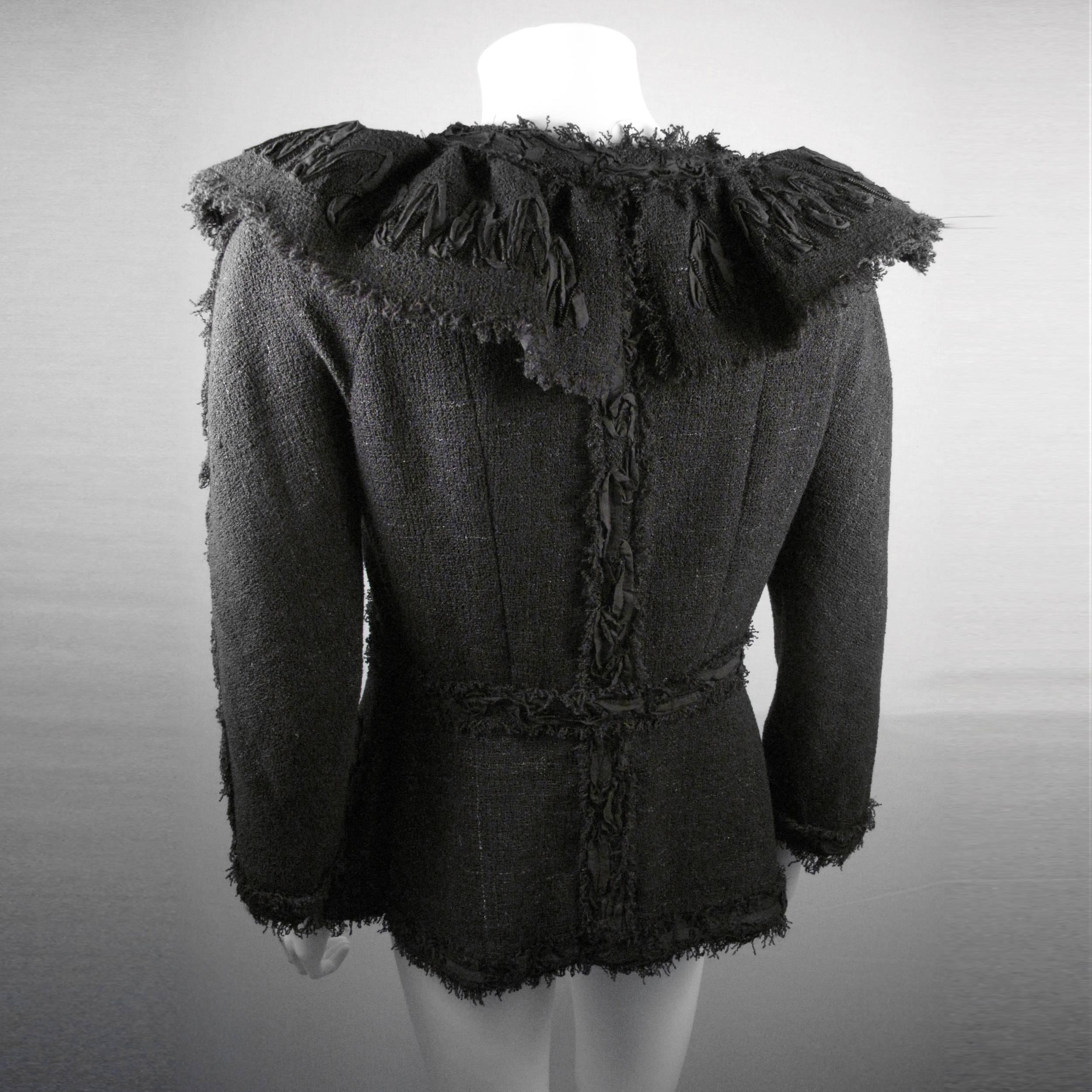 Chanel Jacket - US 6 - 38 - Black & Navy Fringe Trim Silk Coat Blazer 09P 2009 In Excellent Condition In Prahran, Victoria