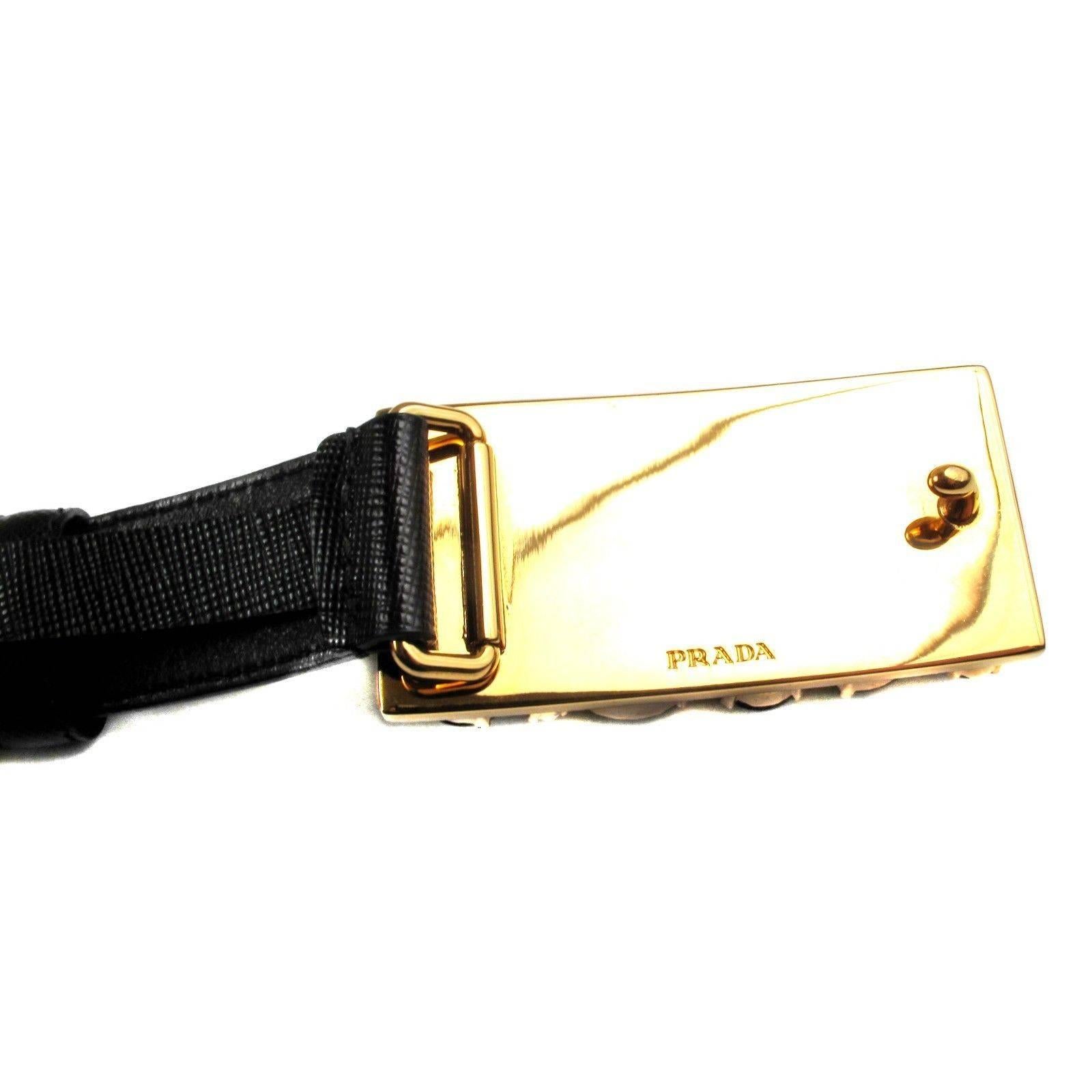 Prada Belt - Jewel Saffiano Small Black Gold Leather Rhinestone Crystal For Sale 4