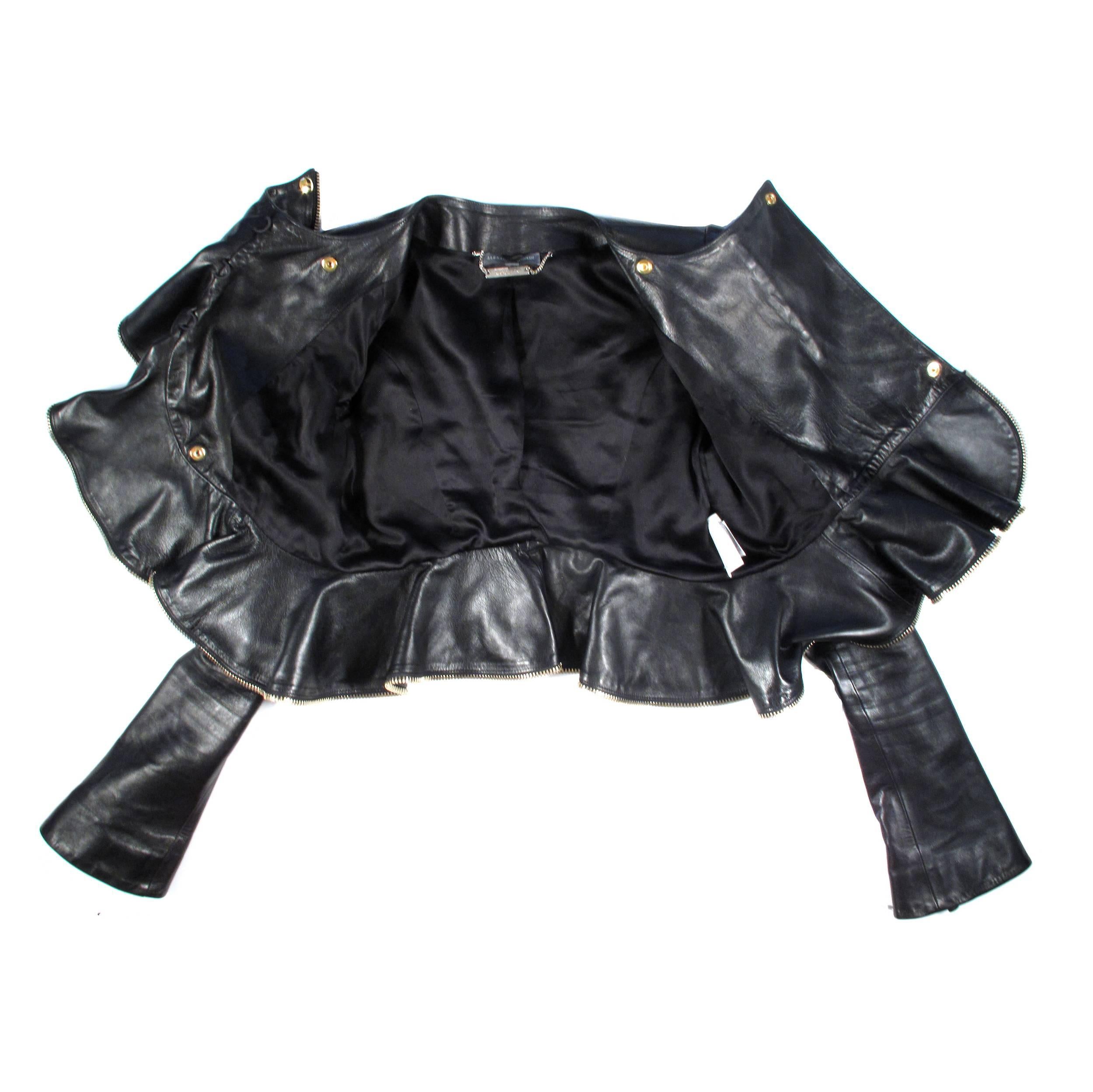 Alexander McQueen Leather Jacket - US 4 - EU 36 IT 40 - Zipper Ruffle Black Gold In Excellent Condition In Prahran, Victoria