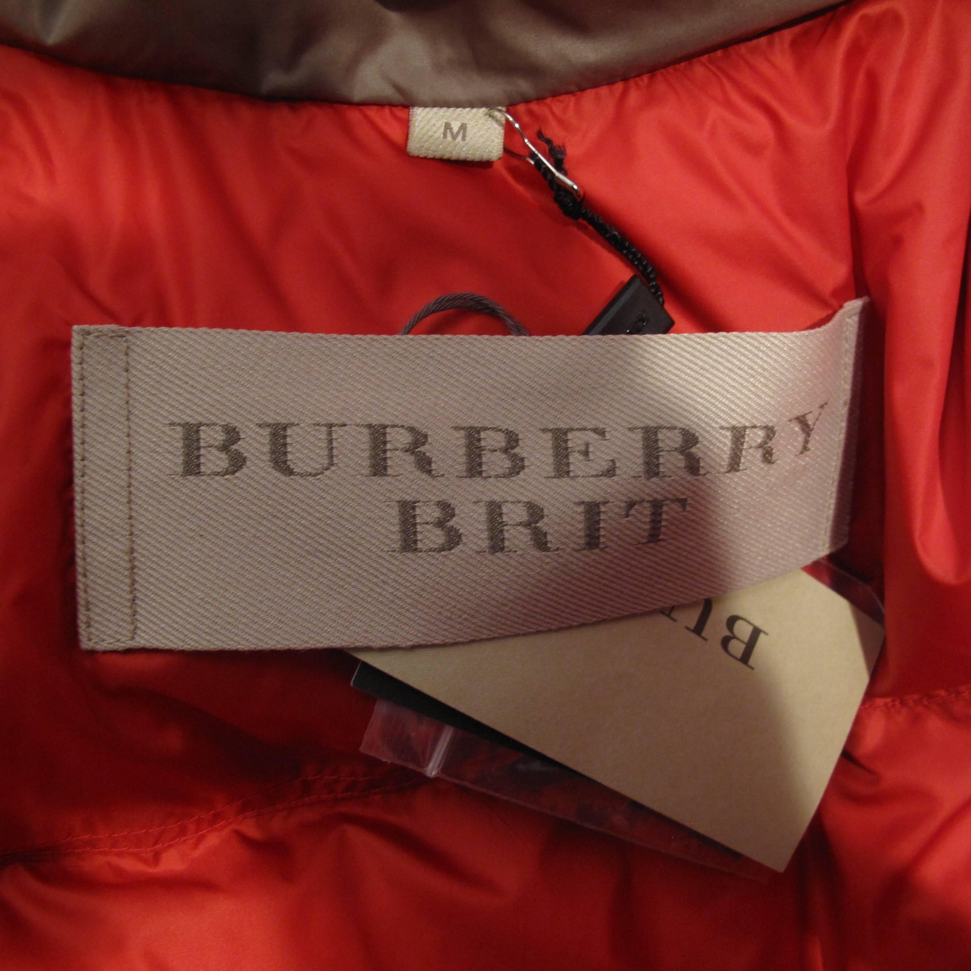 Women's Burberry - New Down Fur Hooded Jacket - Medium - Tan Brown Brit Puffer Coat Logo