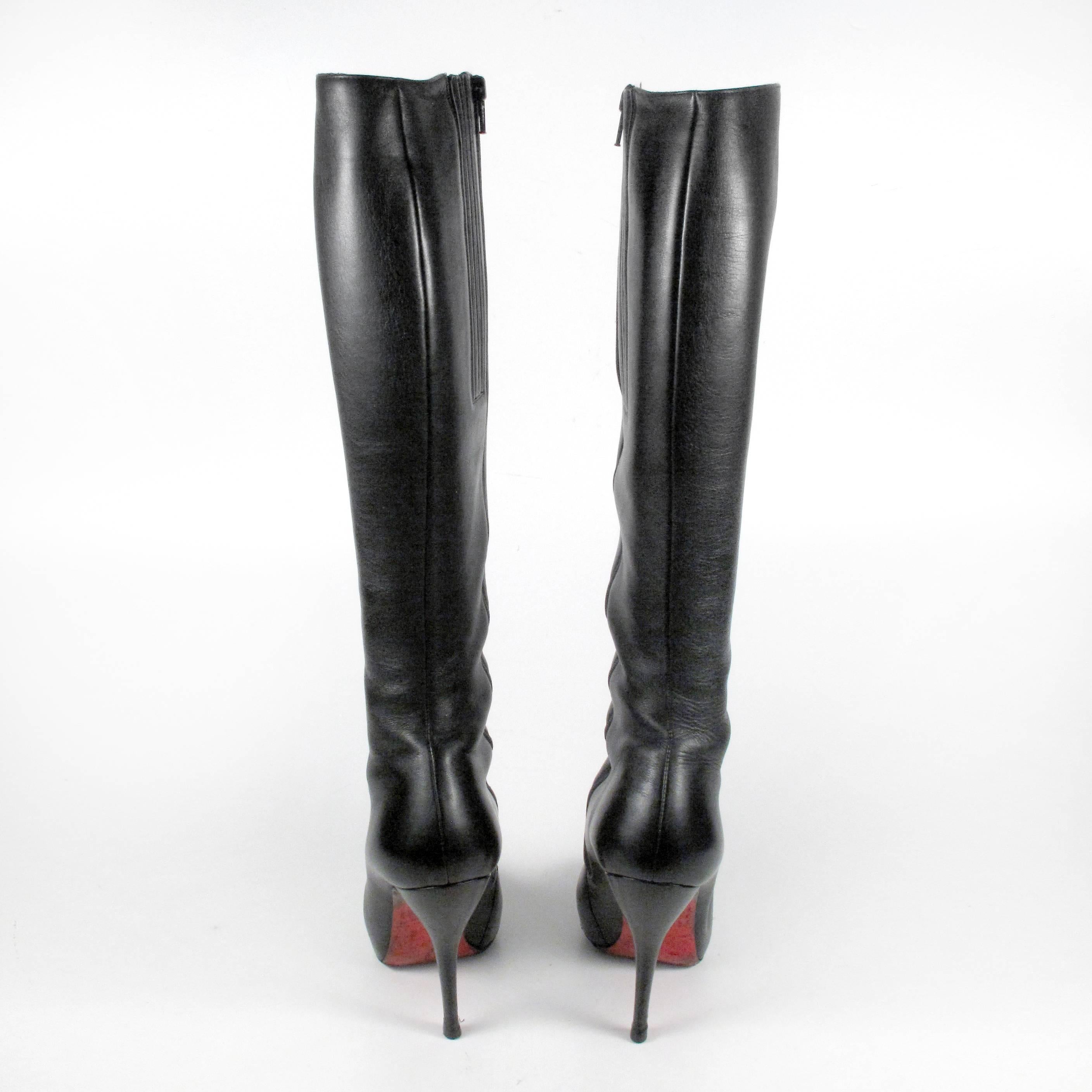 Women's Christian Louboutin Knee High Boots 39 Black Leather120 Heels Shoes Feticha