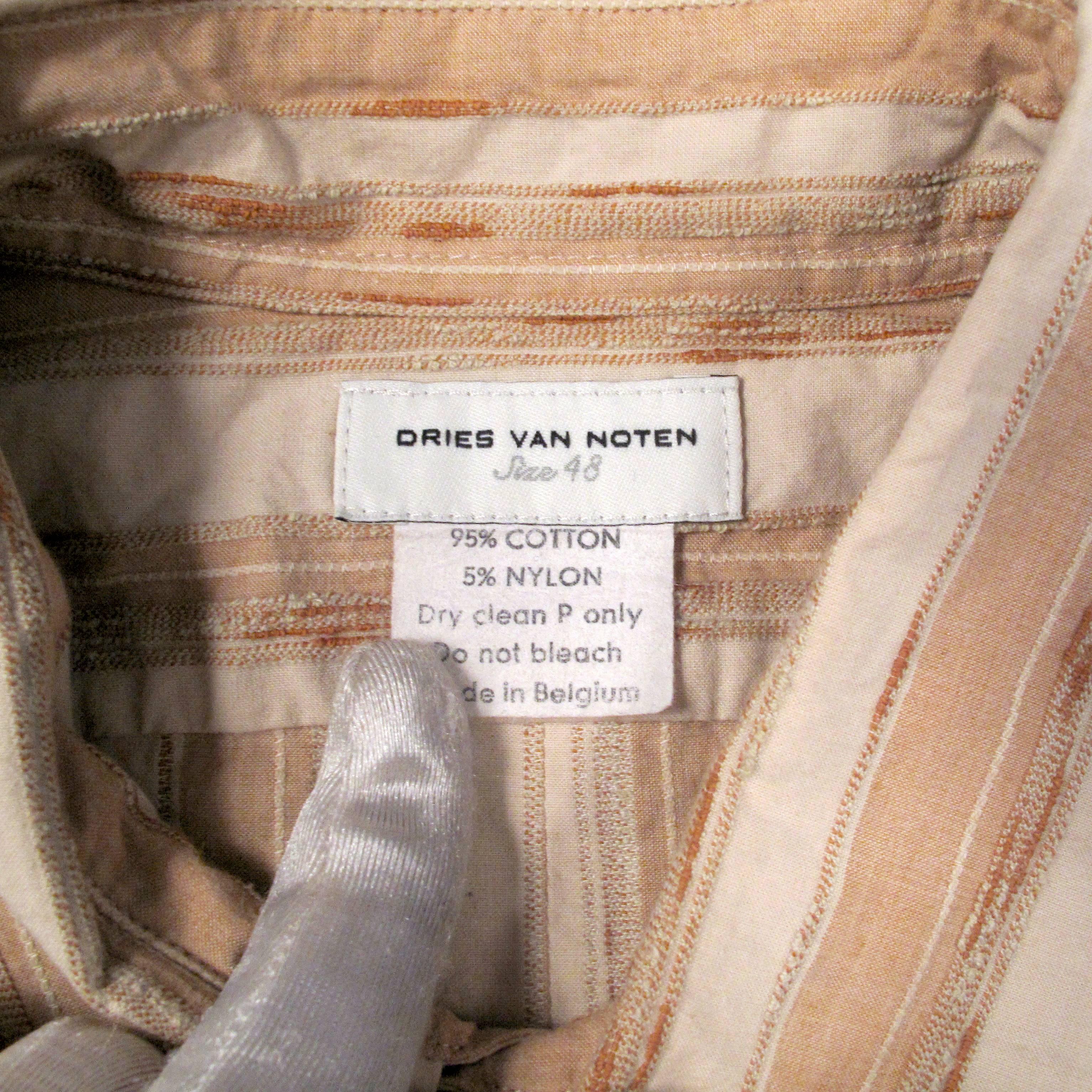 Beige Dries Van Noten Shirt - Small - 48  - Embroidered Striped Button Up Tan
