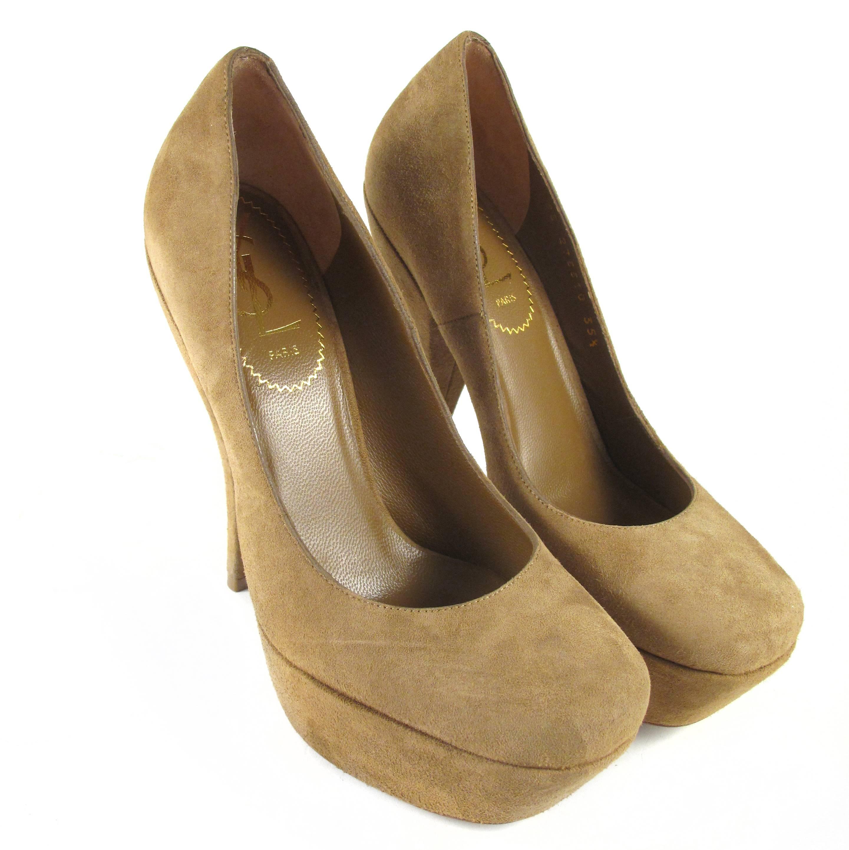 Women's Saint Laurent New Tan Suede Heels 5.5 - 35.5 - Platform Pumps Shoes 5 6 Tribute