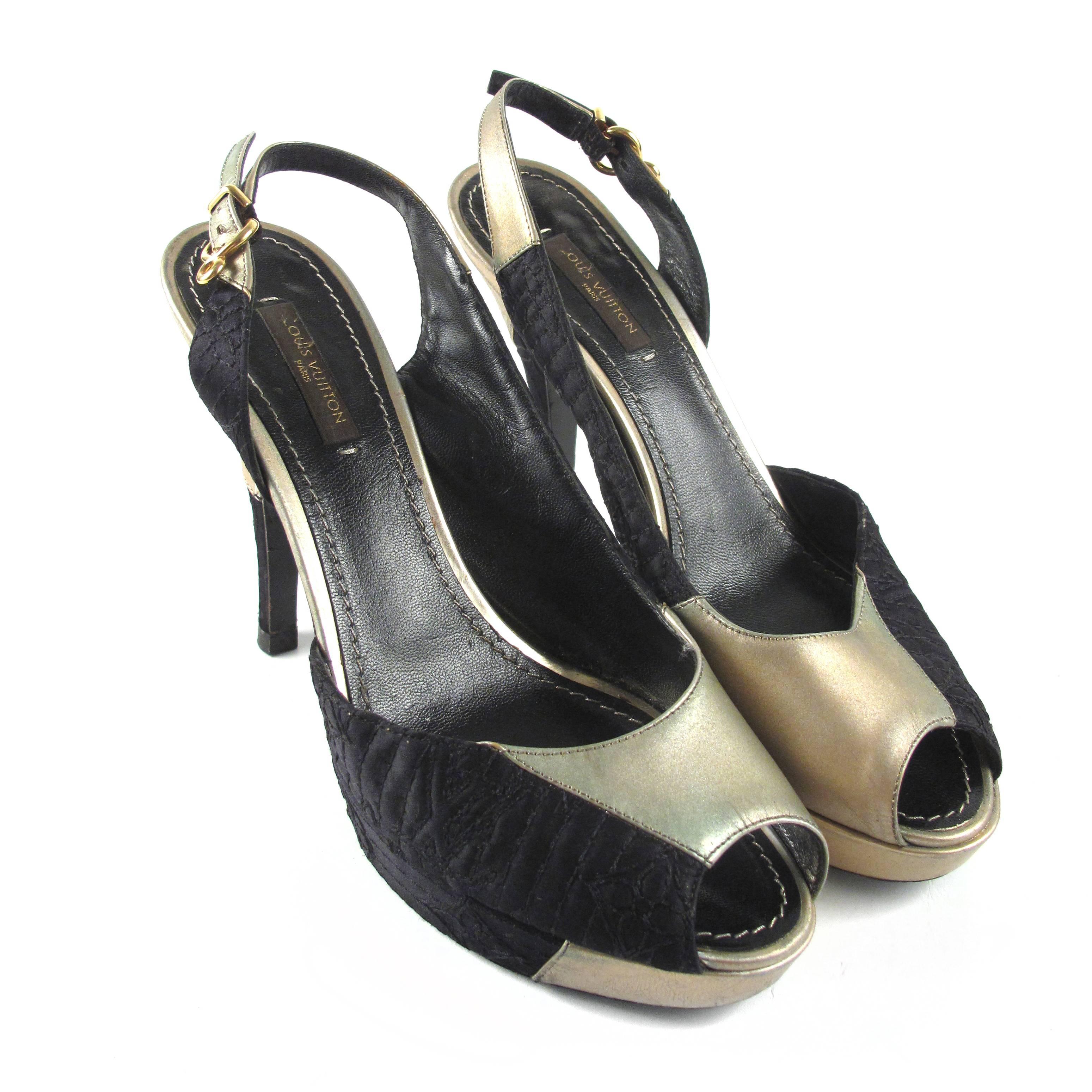 Louis Vuitton Heels - US 6.5 - 36.5 - Black Gold Leather Logo Slingback Shoes 3