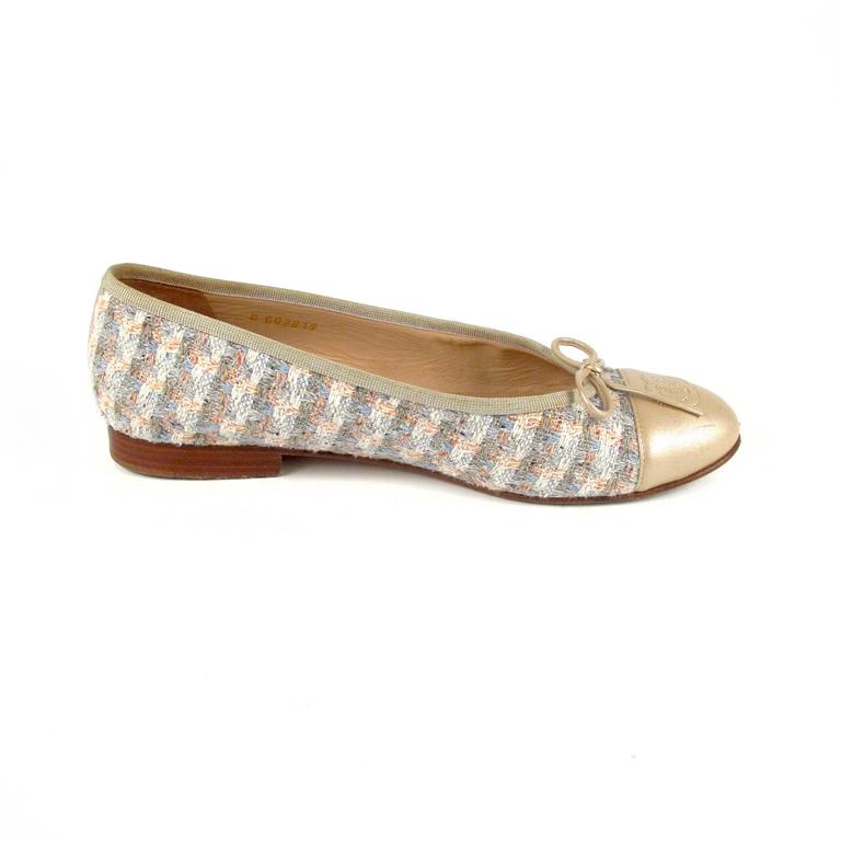 Chanel Tweed Flats - US 6 - 36 - Gold Leather CC Bow Ballet Multicolor ...