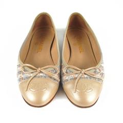 Chanel Tweed Flats - US 6 - 36 - Gold Leather CC Bow Ballet Multicolor Shoes