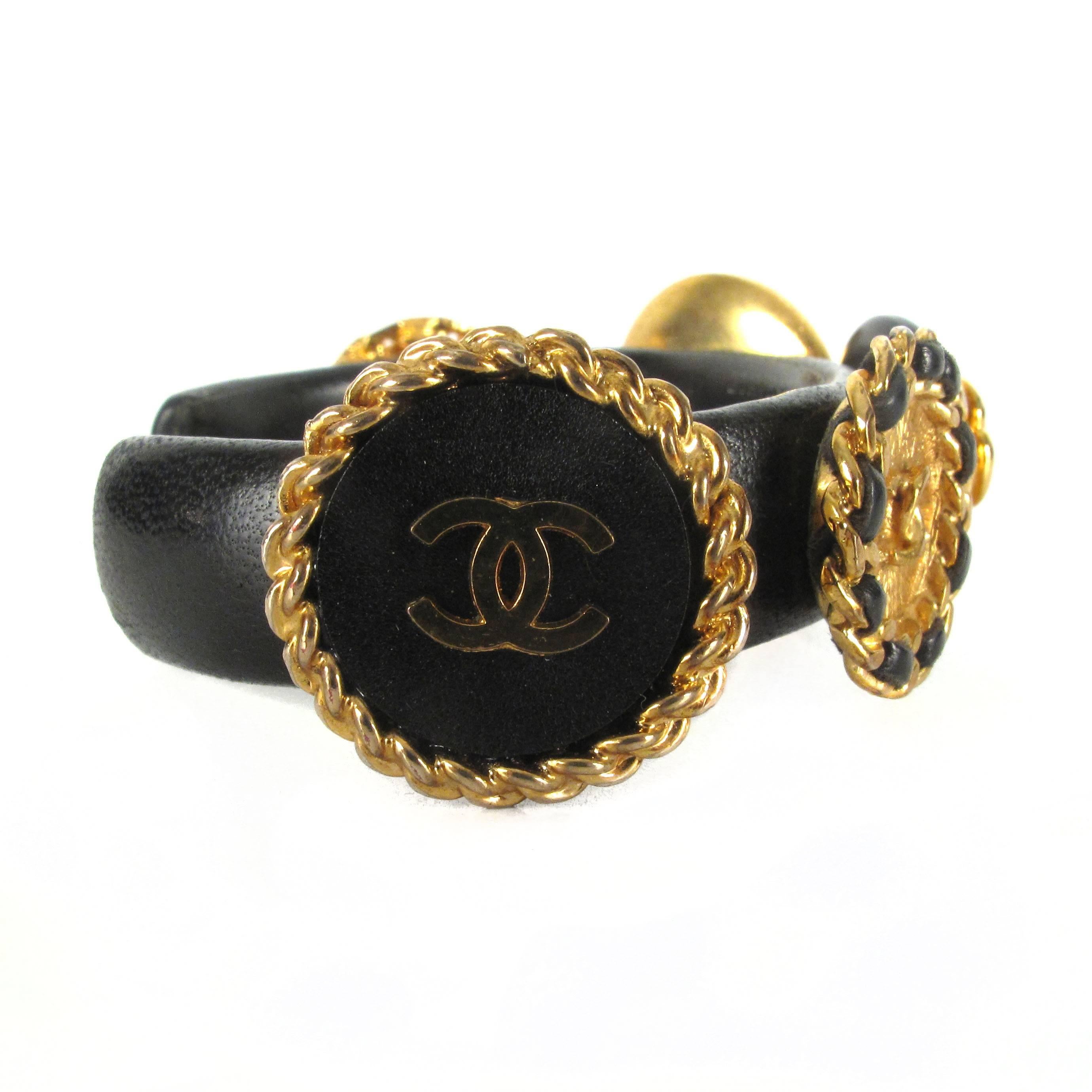 Women's Chanel Vintage Leather Bracelet - Medallion Coin Charm Bangle CC Logo Gold Black