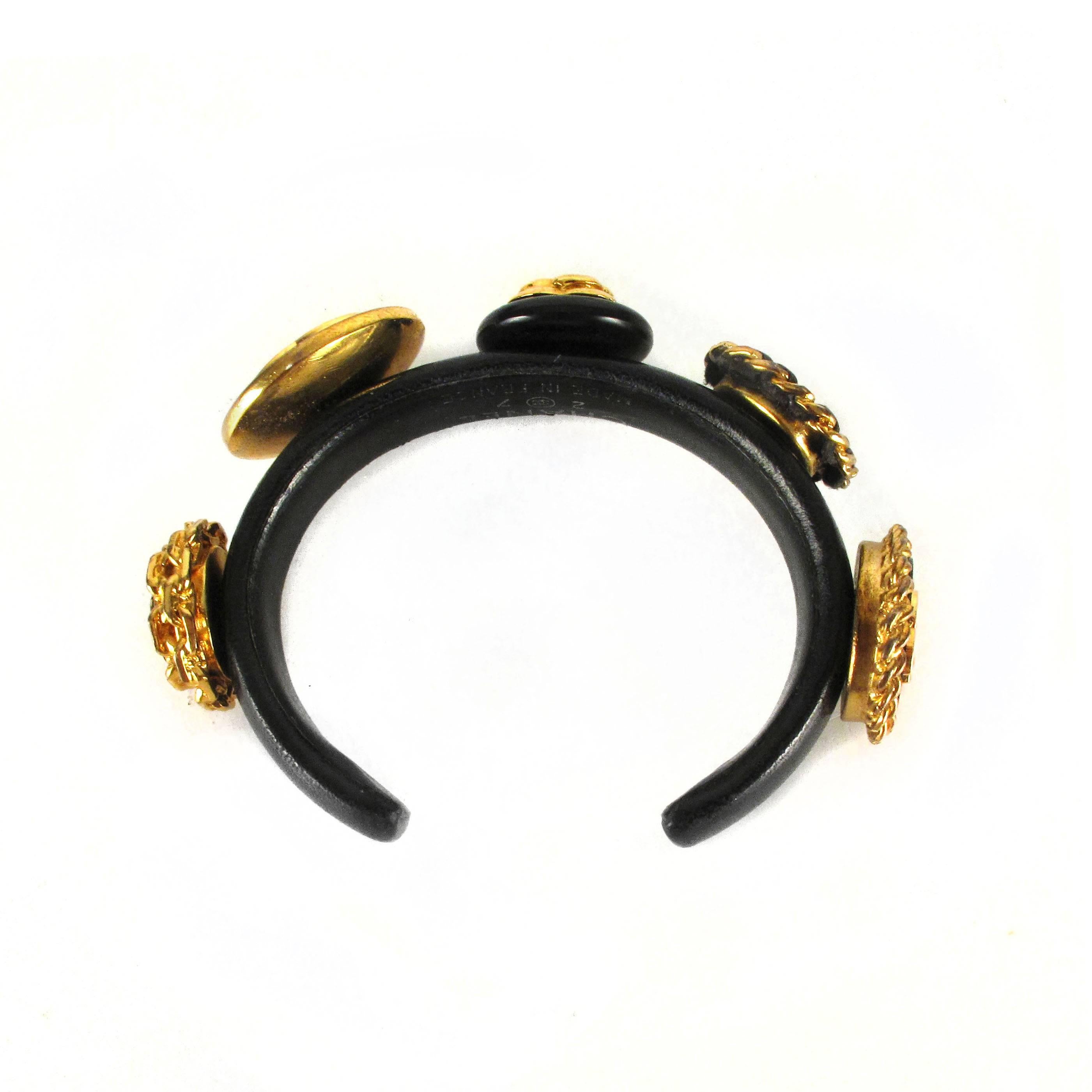 Chanel Vintage Leather Bracelet - Medallion Coin Charm Bangle CC Logo Gold Black 2