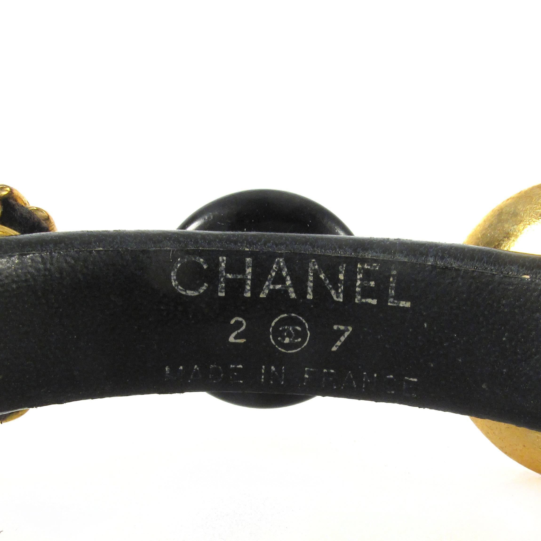 Chanel Vintage Leather Bracelet - Medallion Coin Charm Bangle CC Logo Gold Black 3