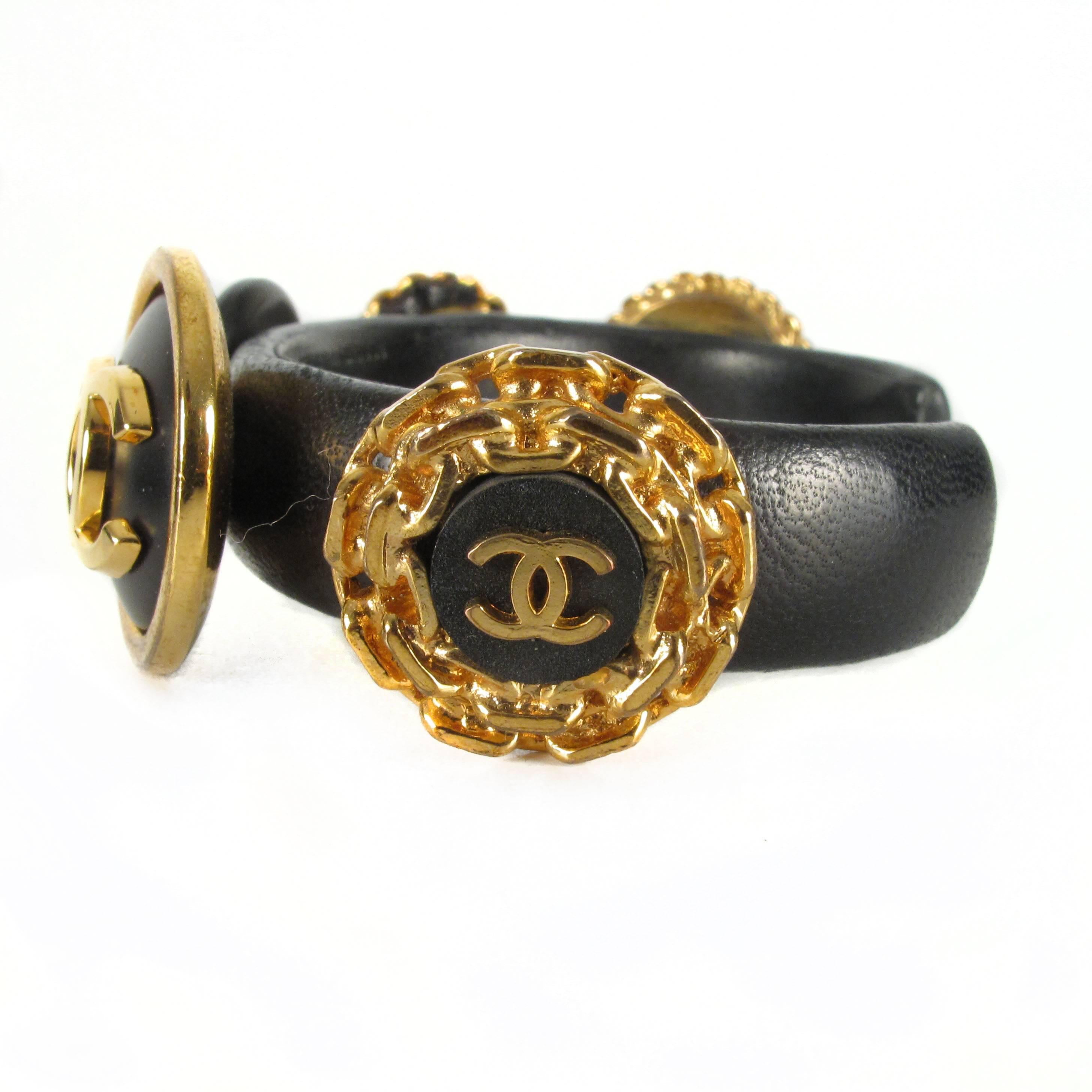 Chanel Vintage Leather Bracelet - Medallion Coin Charm Bangle CC Logo Gold Black 1