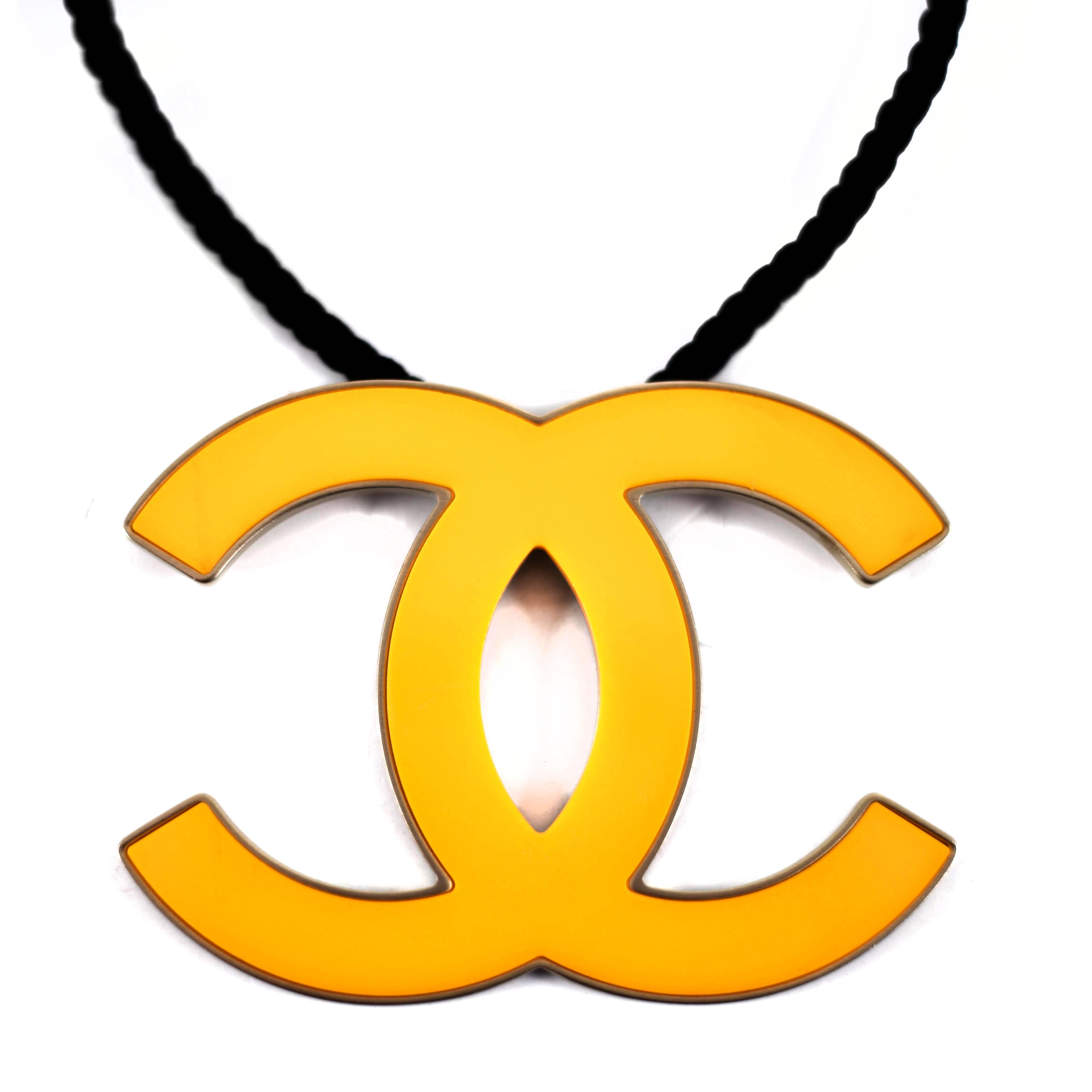 Women's Chanel XL CC Necklace - Orange & Gold Charm Black Rope Pendant Logo 08C Large