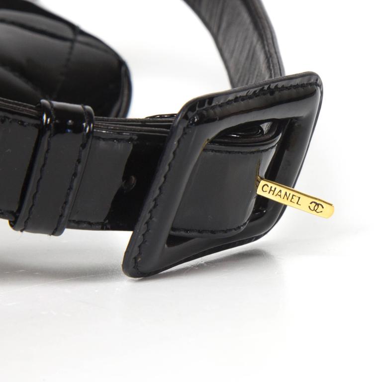 Chanel Fanny Pack Belt Bag Black Patent Leather Quilted Gold Belt CC