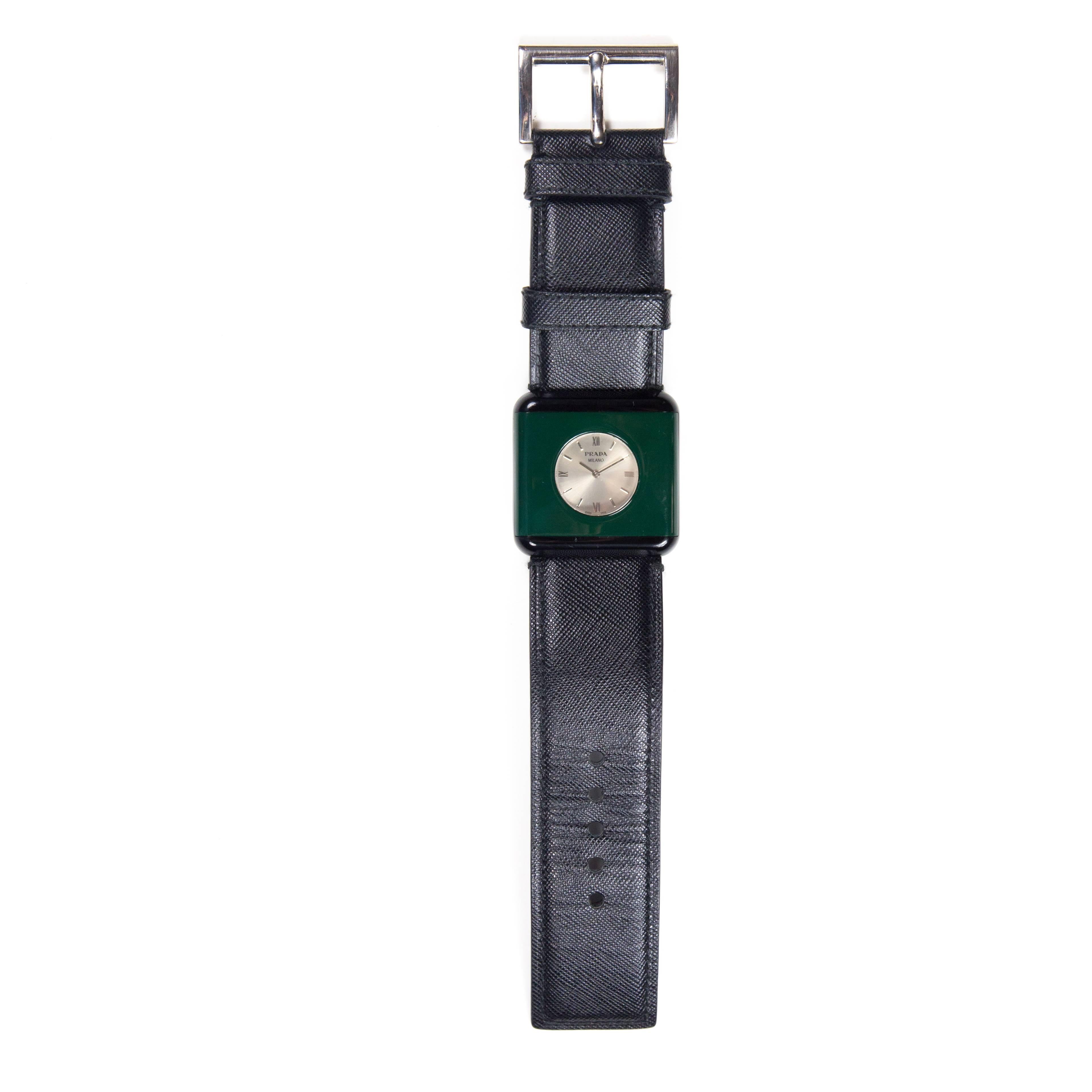 Prada Watch Unisex - Black Saffiano Leather Green Resin Stainless Steel Bracelet In Good Condition In Prahran, Victoria