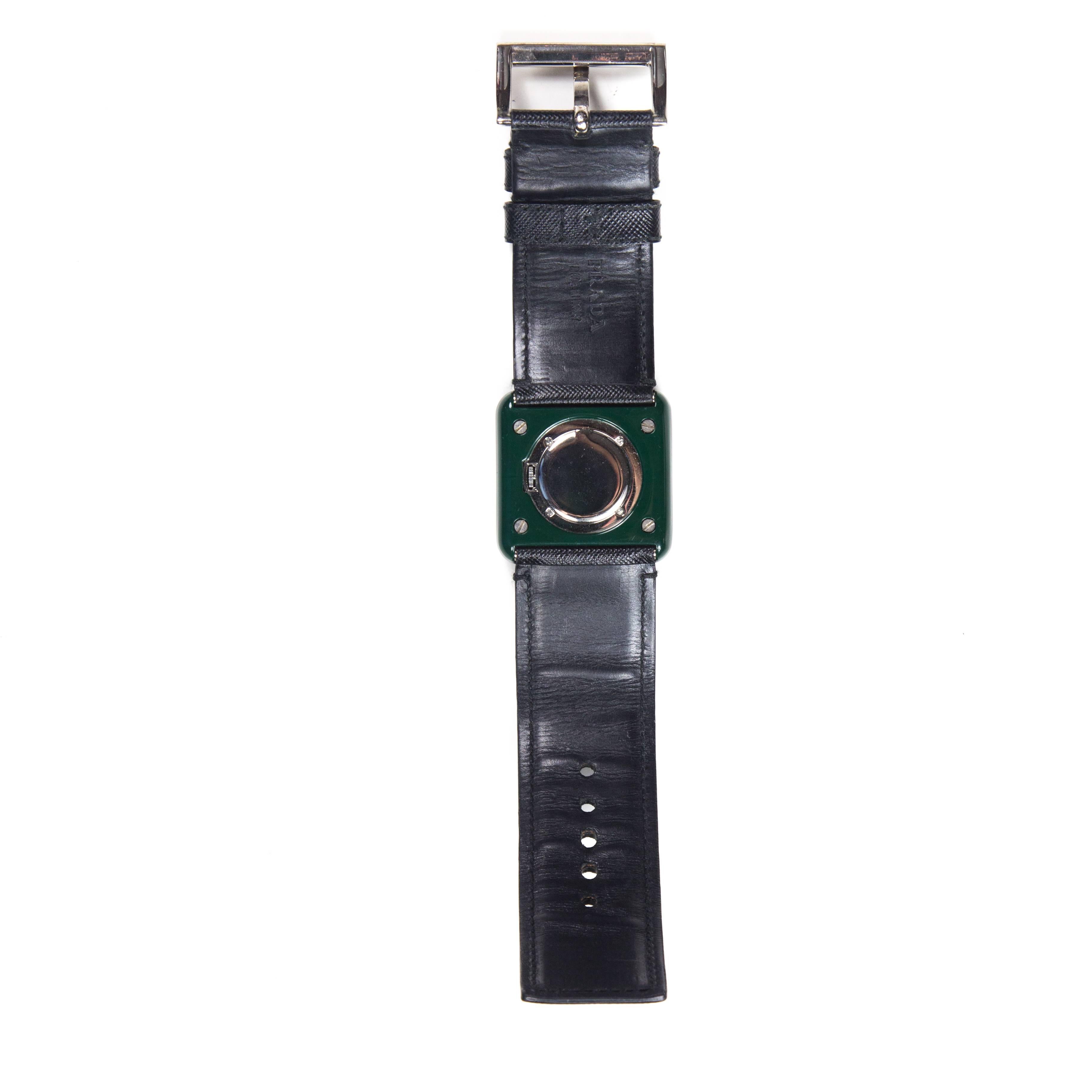 Prada Watch Unisex - Black Saffiano Leather Green Resin Stainless Steel Bracelet 1