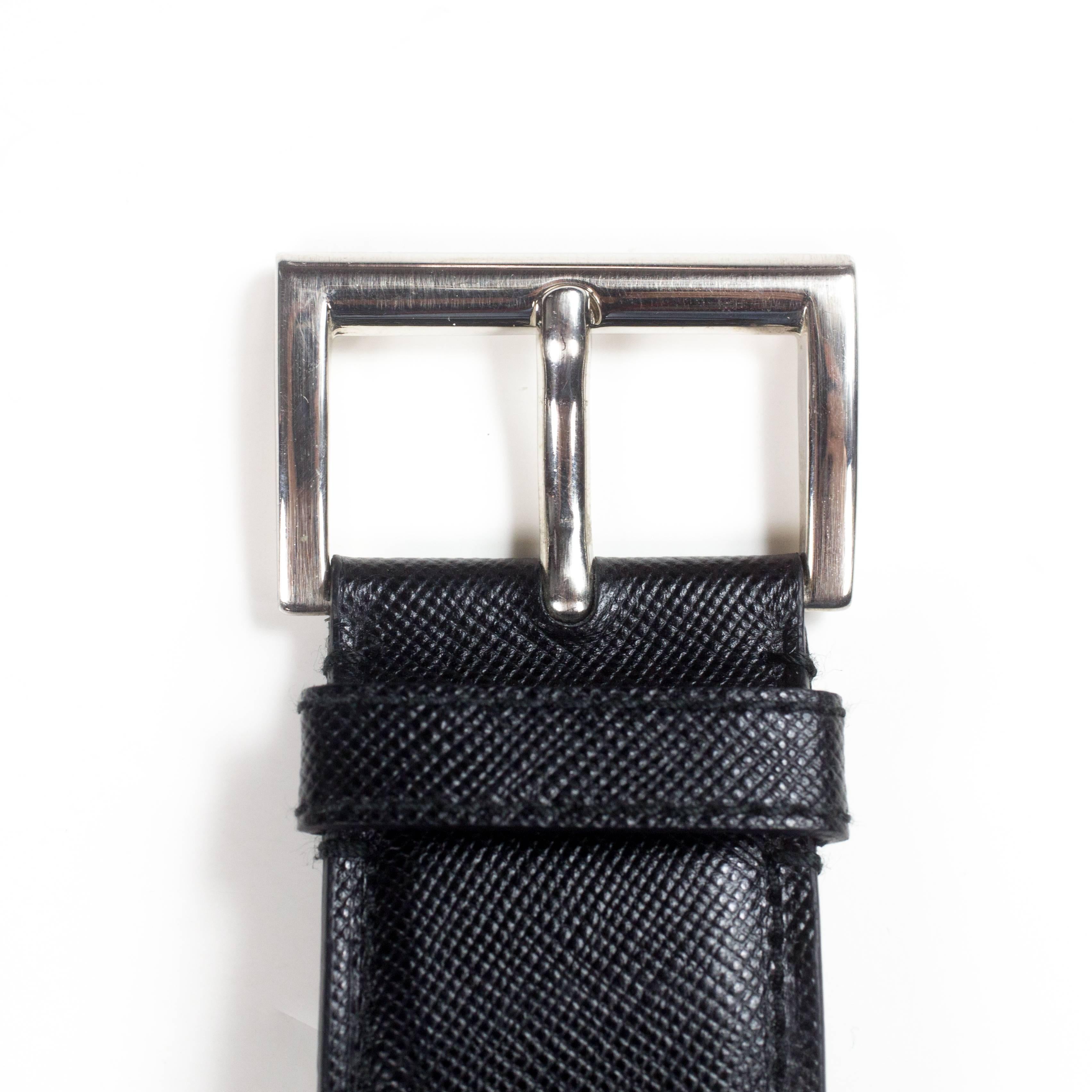 Prada Watch Unisex - Black Saffiano Leather Green Resin Stainless Steel Bracelet 2