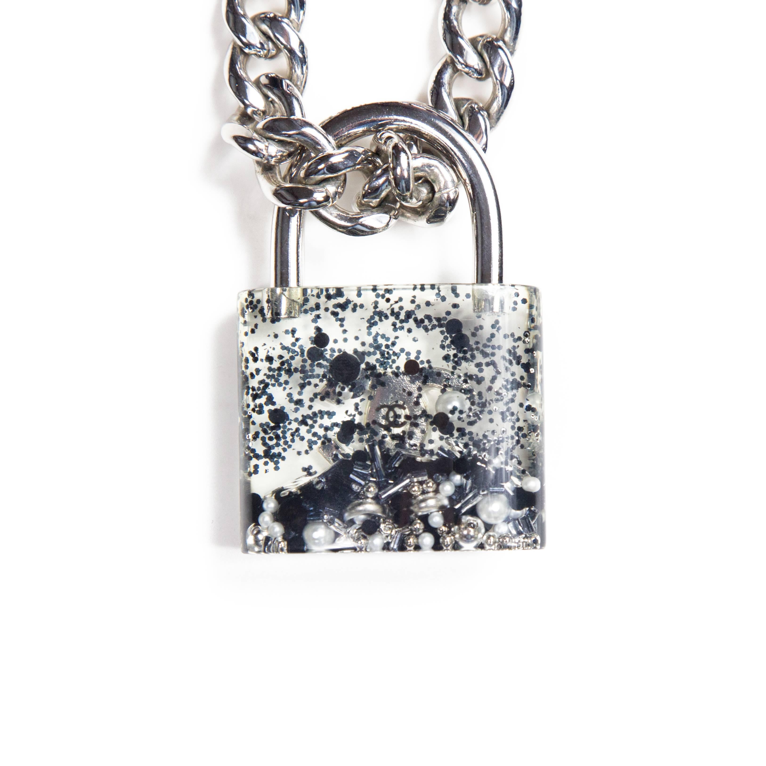 Chanel Large Padlock Necklace - 2014 - Pearl Silver Chain Black White CC Lock In Good Condition In Prahran, Victoria