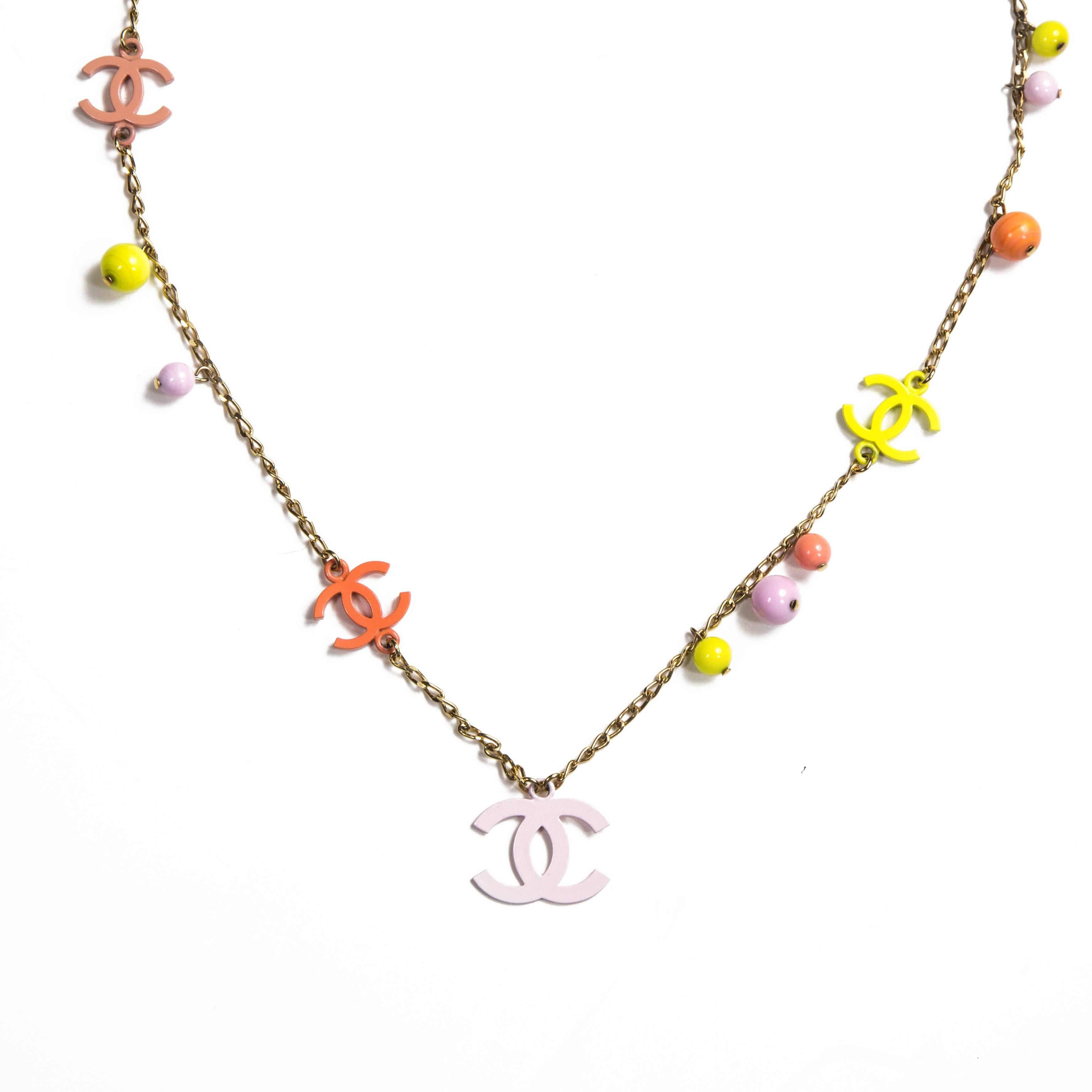 Women's Chanel Pearl Necklace - CC Charm Pink Yellow Logo Chain Pendant Bead Gold 03S