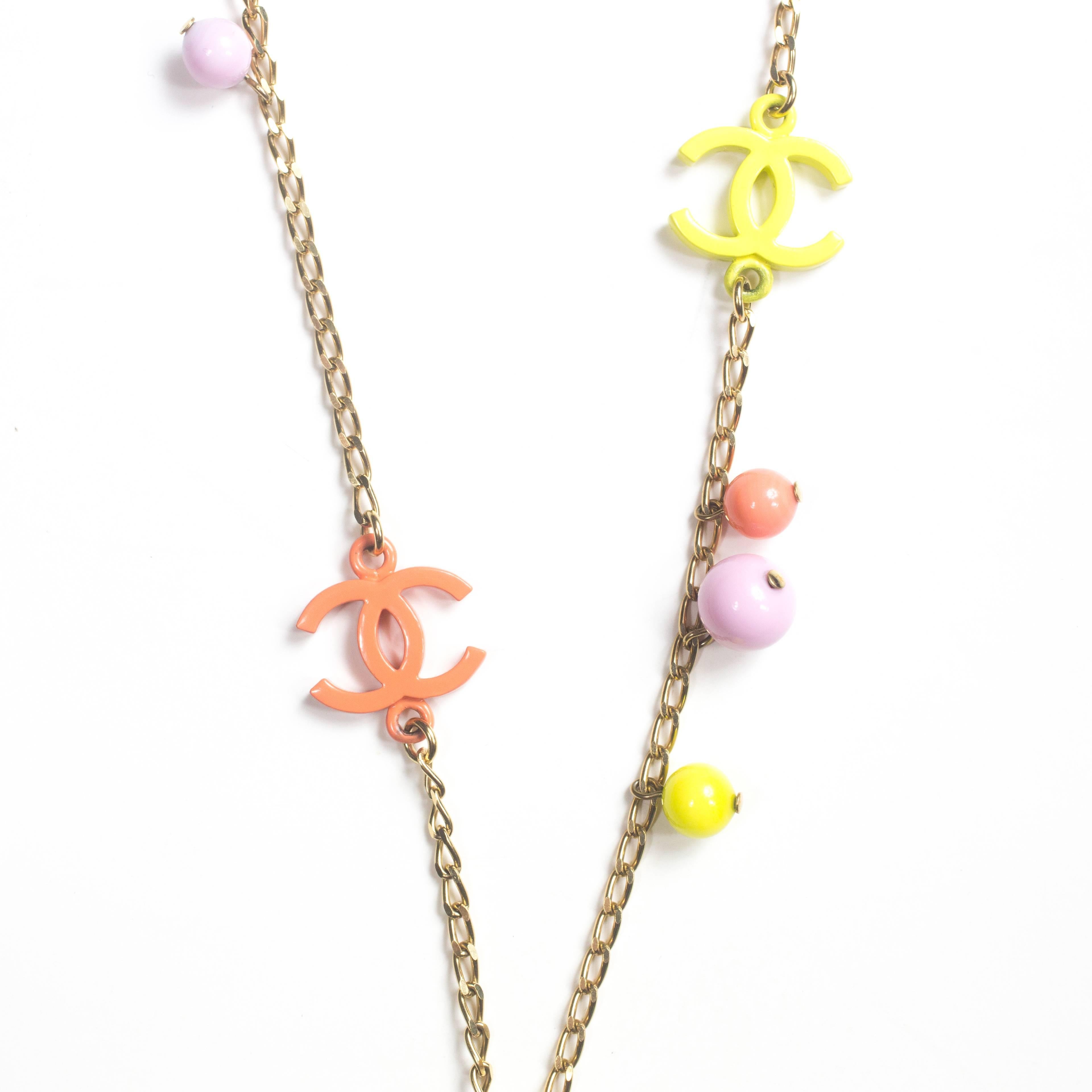 Chanel Pearl Necklace - CC Charm Pink Yellow Logo Chain Pendant Bead Gold 03S 2